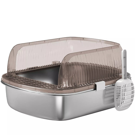 Katės tualetas iš nerūdijančio plieno, katės tualetas su aukštu kraštu, vonia, su kastuvu, skirtas didelėms katėms, 53x42x27 cm, anglies pilkos spalvos