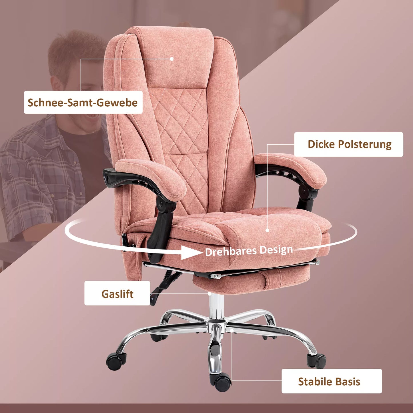 Ergonomiška biuro kėdė su masažo funkcija, ištraukiama atrama kojoms, sukiojama ir ratukinė, rožinė Vinsetto