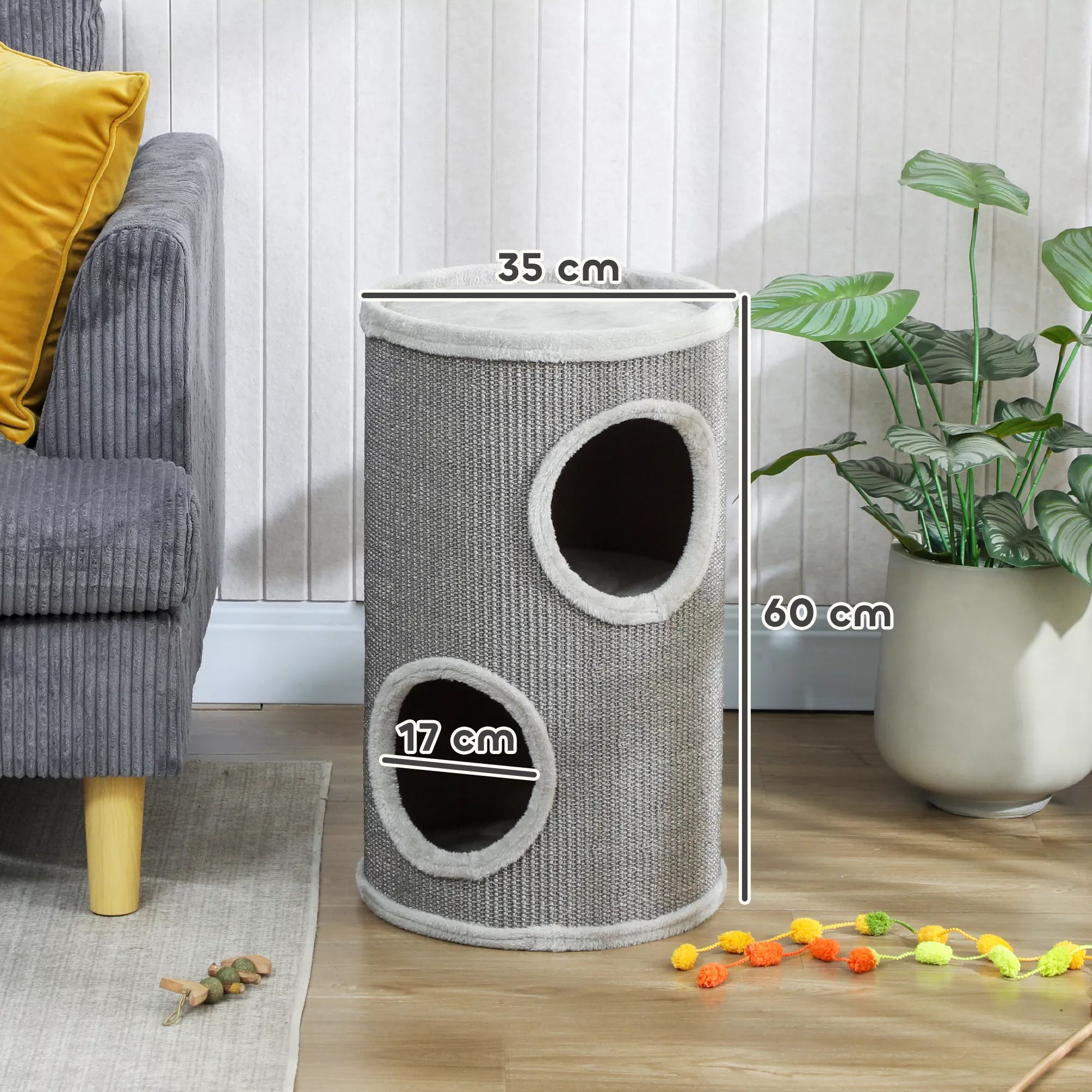 Kratztonne, 60 cm aukščio, Ø 35 cm, dviejų aukštų katės dėžė su 2 urvais, pliušiniu kraštu, skirta 1–2 katėms iki 5 kg, šviesiai pilkos spalvos.