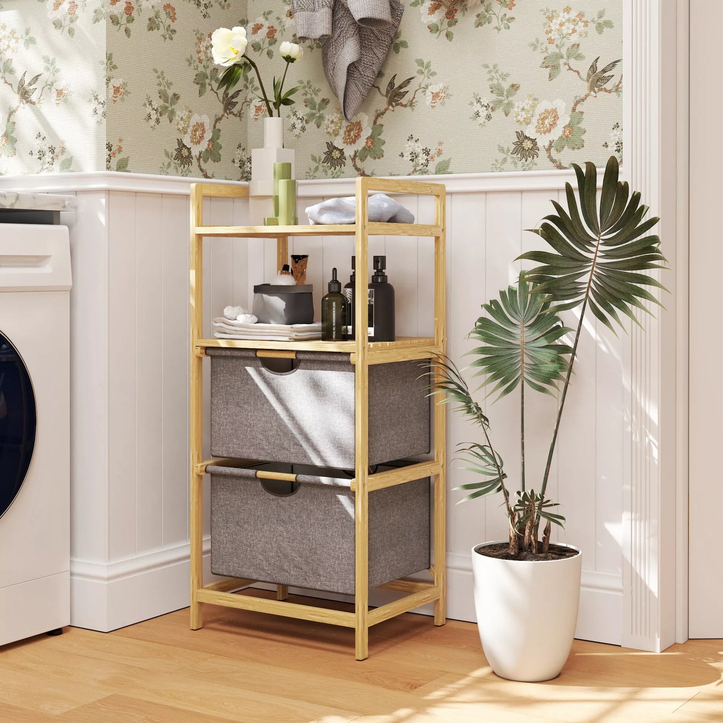 Bambukinis skalbinių stovas su 2 audinių krepšiais, atviromis lentynomis, vietą taupantis, natūralaus medžio