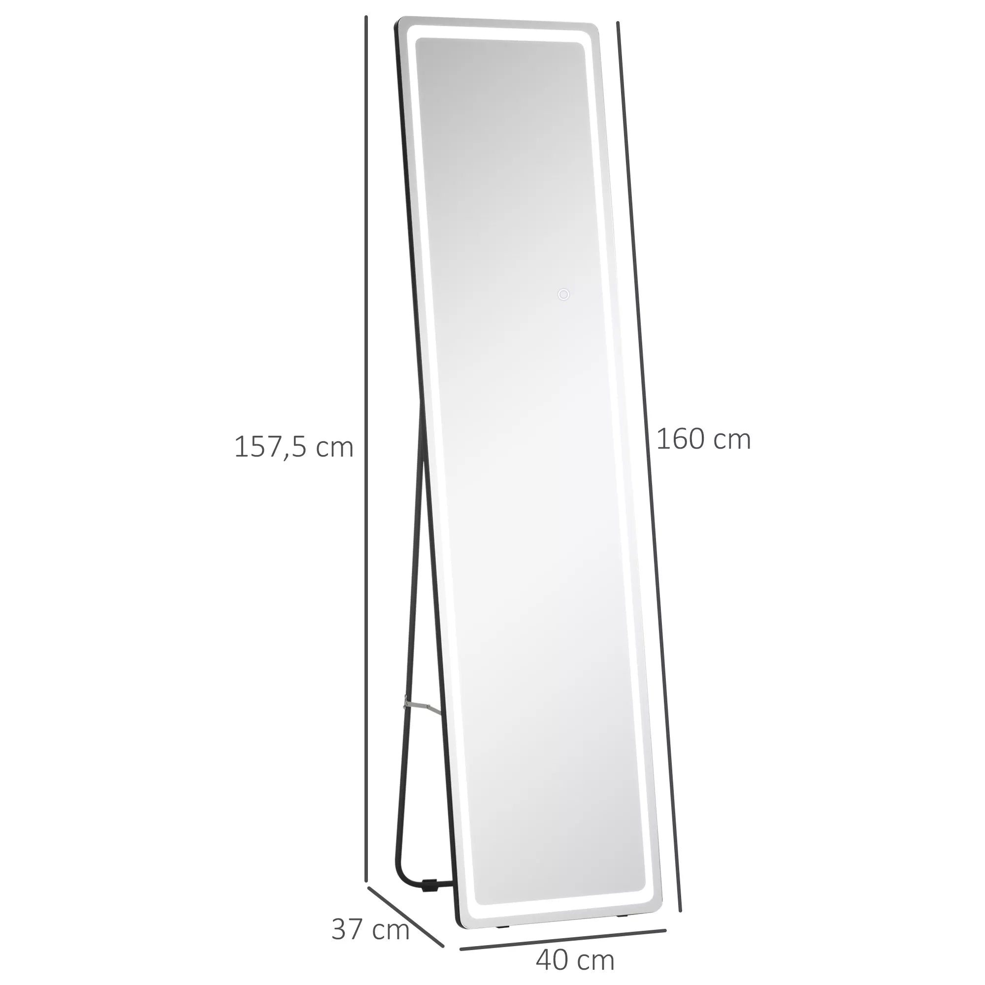 2-in-1 pastatomas veidrodis su LED apšvietimu, laisvai statomas, aliuminio, reguliuojamas apšvietimas, 40 cm x 37 cm x 157,5 cm