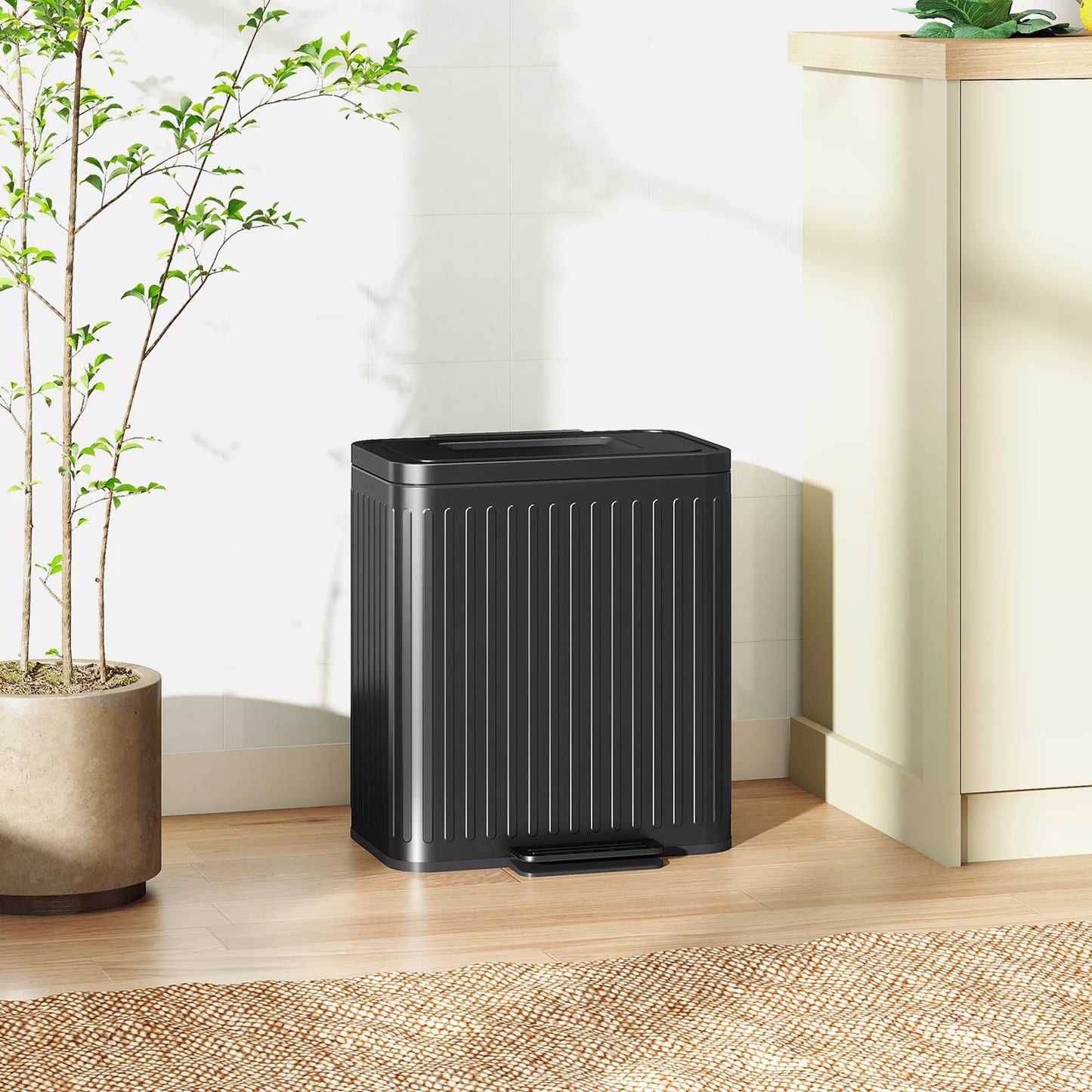 Virtuvės šiukšliadėžė, 2 x 20 l skyriai, efektyvus atliekų rūšiavimas, pėdos pedalas, plastikas, metalas, juoda spalva