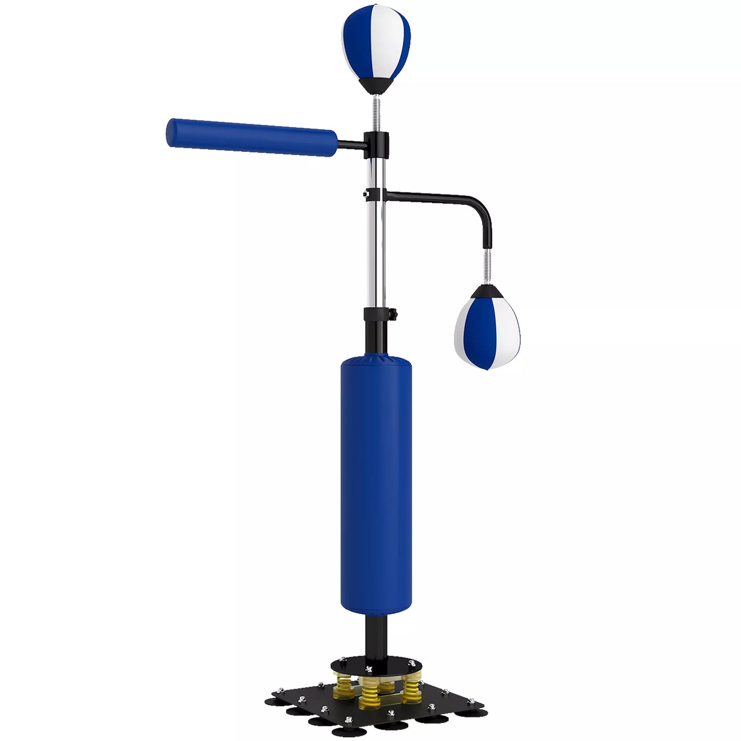 Bokso stovas, du greičio kamuoliukai, besisukanti bokso štanga, smūgių pagalvėlės, reguliuojamo aukščio, plienas, 107 x 36 x 140-205 cm, Mėlyna