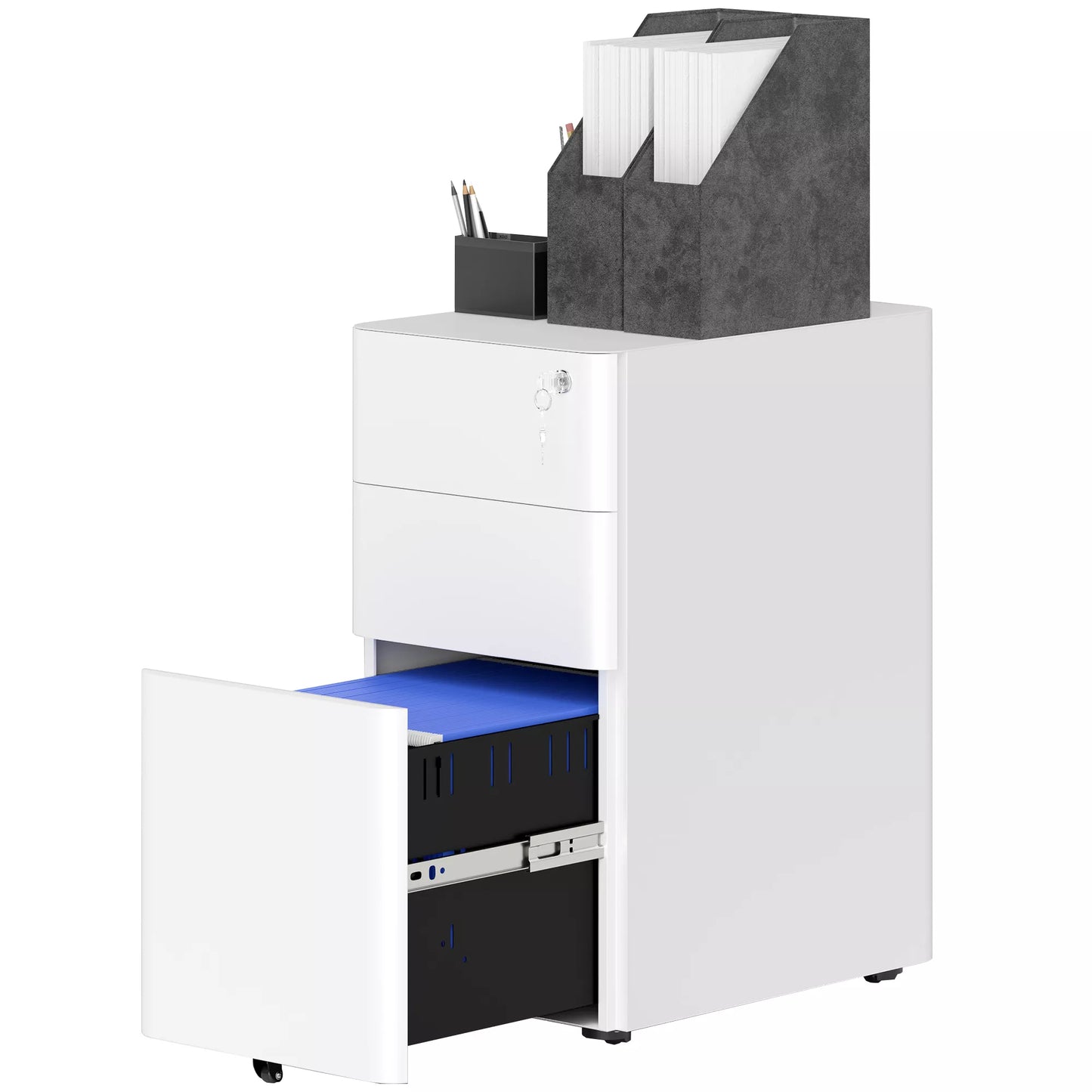 Metalinė dokumentų spinta, biuro spinta, 3 stalčiai, ratukai, balta