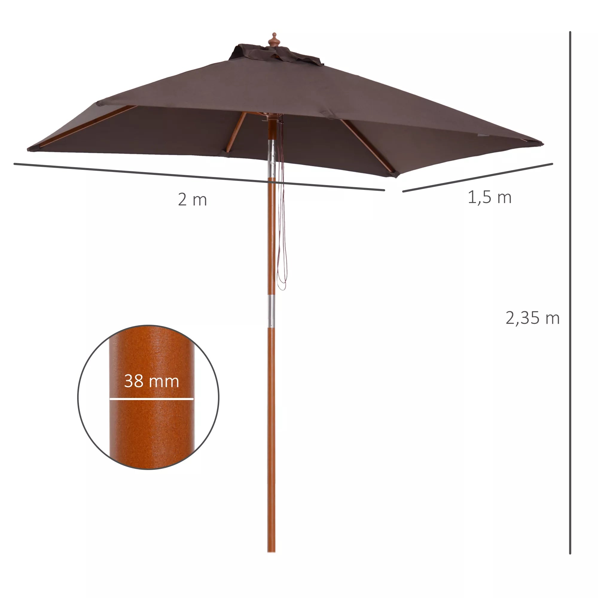 Skėtis nuo saulės 200 x 150 x 235 cm Sulankstomas sodo skėtis, reguliuojamas 3 pakopomis, stačiakampis, atsparus vandeniui ir UV spinduliams, skirtas paplūdimiui, balkonui, terasai, sodui, kavinei.