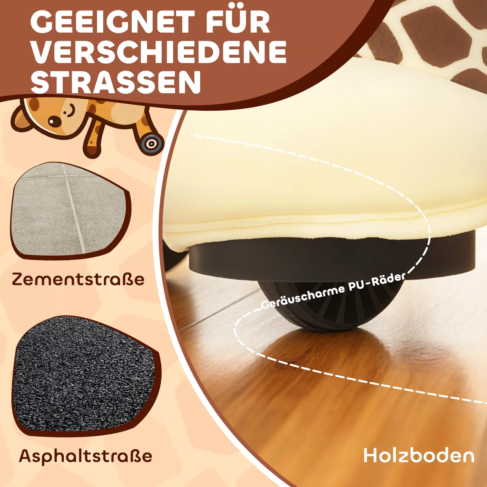 Žirafa jojimui, važiuojanti žirgo formos žirga, maitinama baterijomis, plaunamas apvalkalas, pedai, tylūs ratai, muzika, 1,5–5 metai, ruda