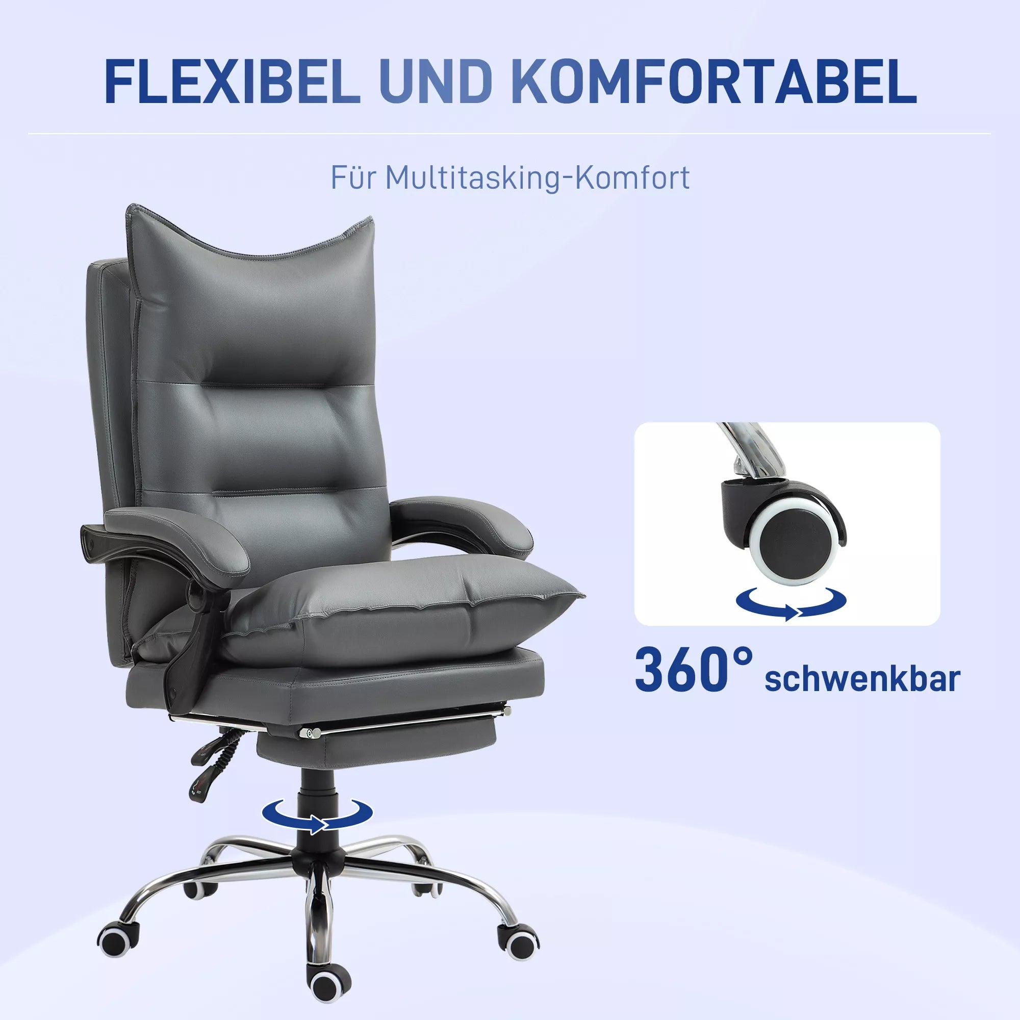 Ergonomiška biuro kėdė, reguliuojamas sėdynės aukštis, pakreipiamas atlošas, dirbtinė oda, tamsiai pilka