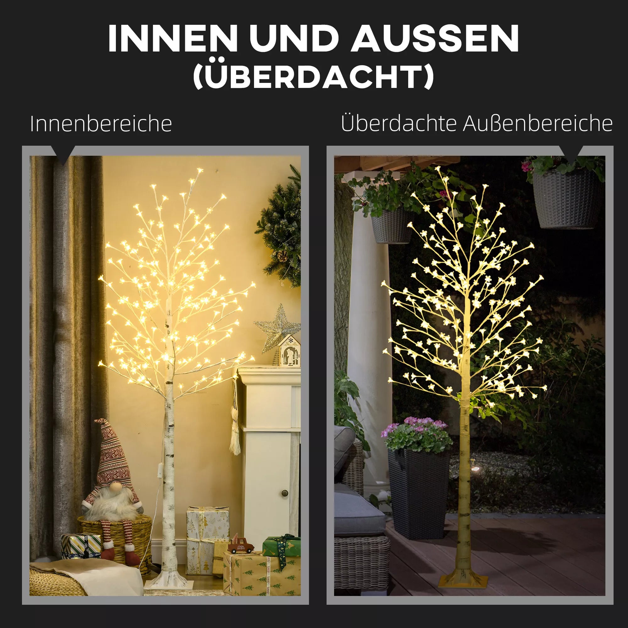 Dirbtinis medis, dirbtinė beržo imitacija, su 180 LED, 3 ryškumo lygiais, šilta balta, su realistine žieve, 21,5 x 21,5 x 180 cm