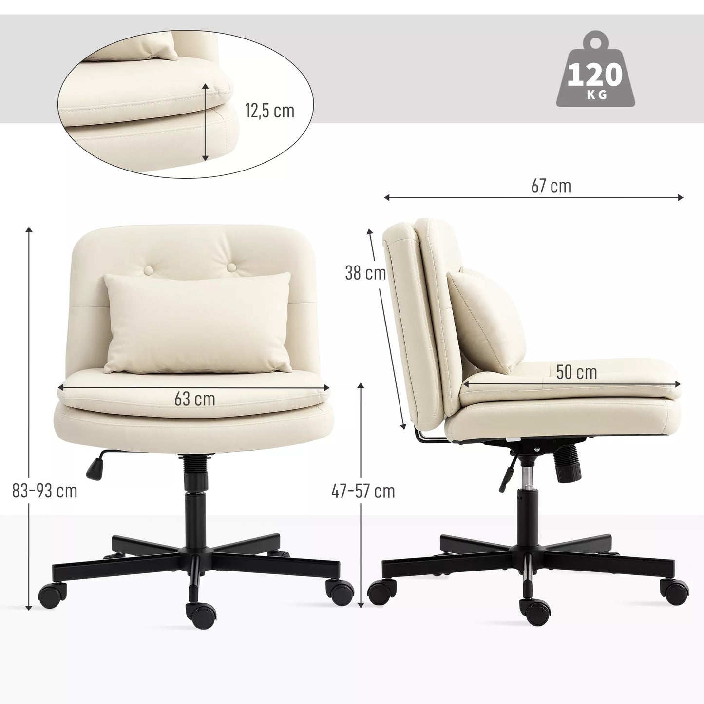 Biuro kėdė be porankių su dirbtinės odos apmušalu, rašomojo stalo kėdė su ratukais, papildoma pagalvėlė, reguliuojamo aukščio, riedanti, smėlio spalvos