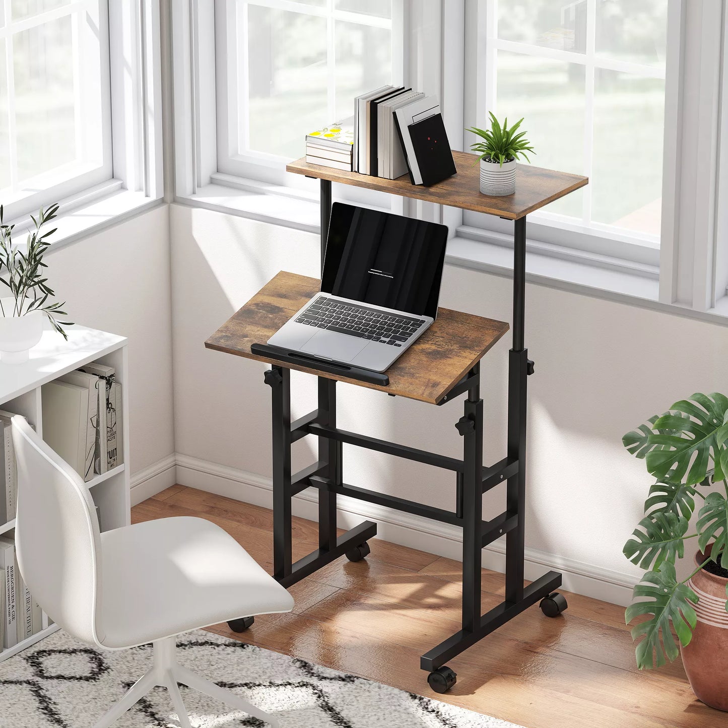 Aukščio reguliavimo rašomasis stalas virtuvinis stalas su lentyna, ratukais, kompiuterio stalas, Rustikalus rudas, 60 x 60 x 70,5-120 cm