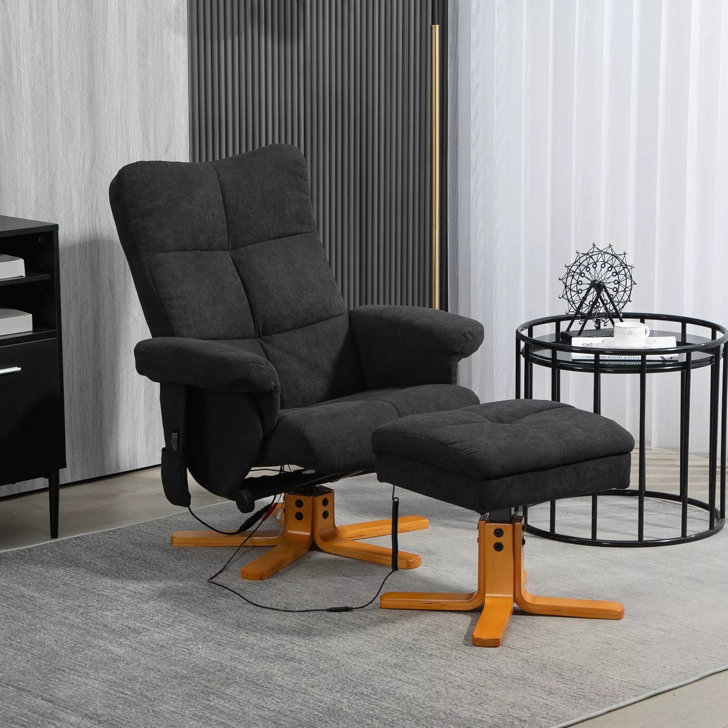 Masažinė kėdė su gulėjimo funkcija ir pėdų atrama, 145° atlošimas, poliesteris, 80 x 86 x 99 cm, Juoda