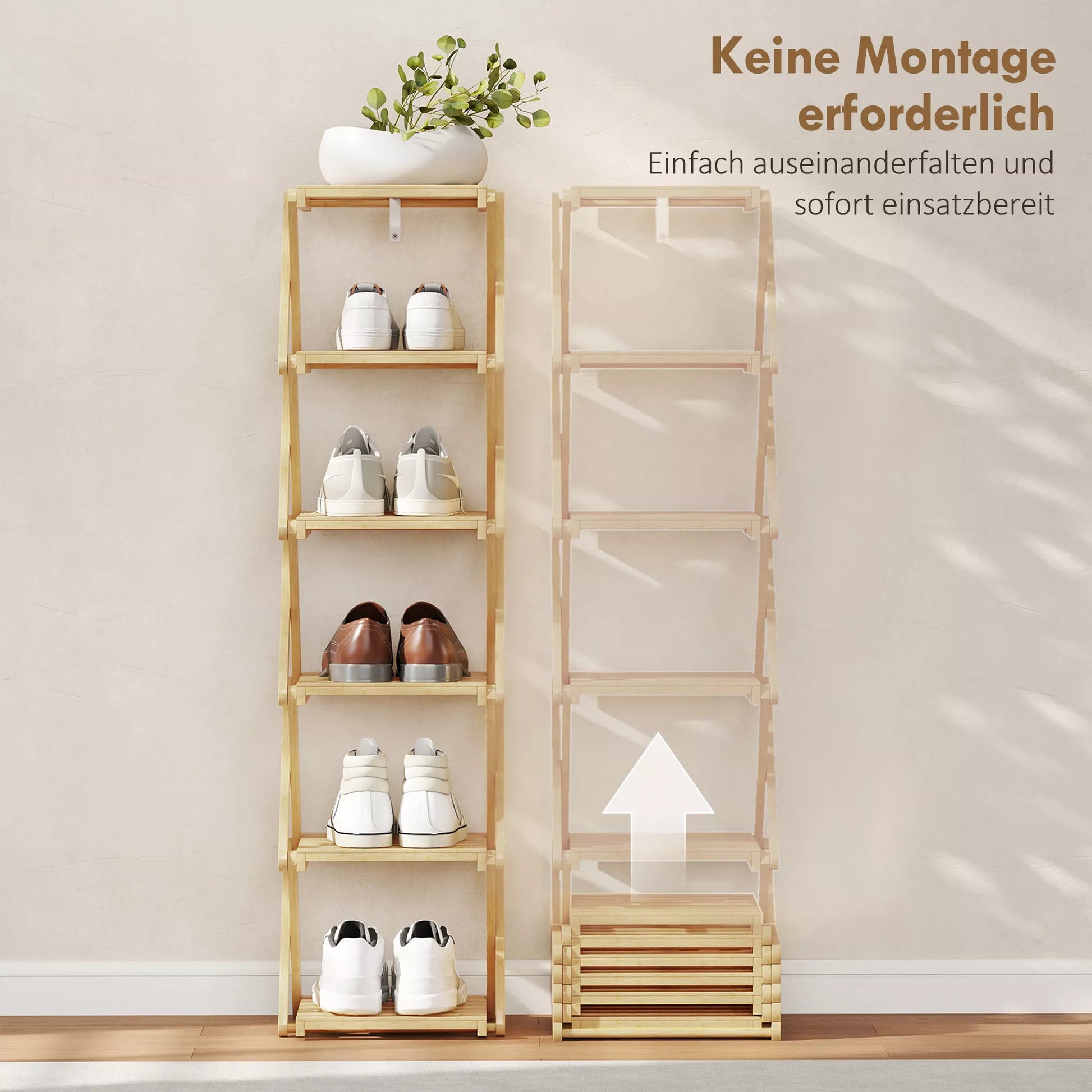 Batų stovas, sulankstomas batų stovas su 6 lygiais iš bambuko, skirtas maks. 9 poroms batų, 30 x 29 x 108 cm, natūralus