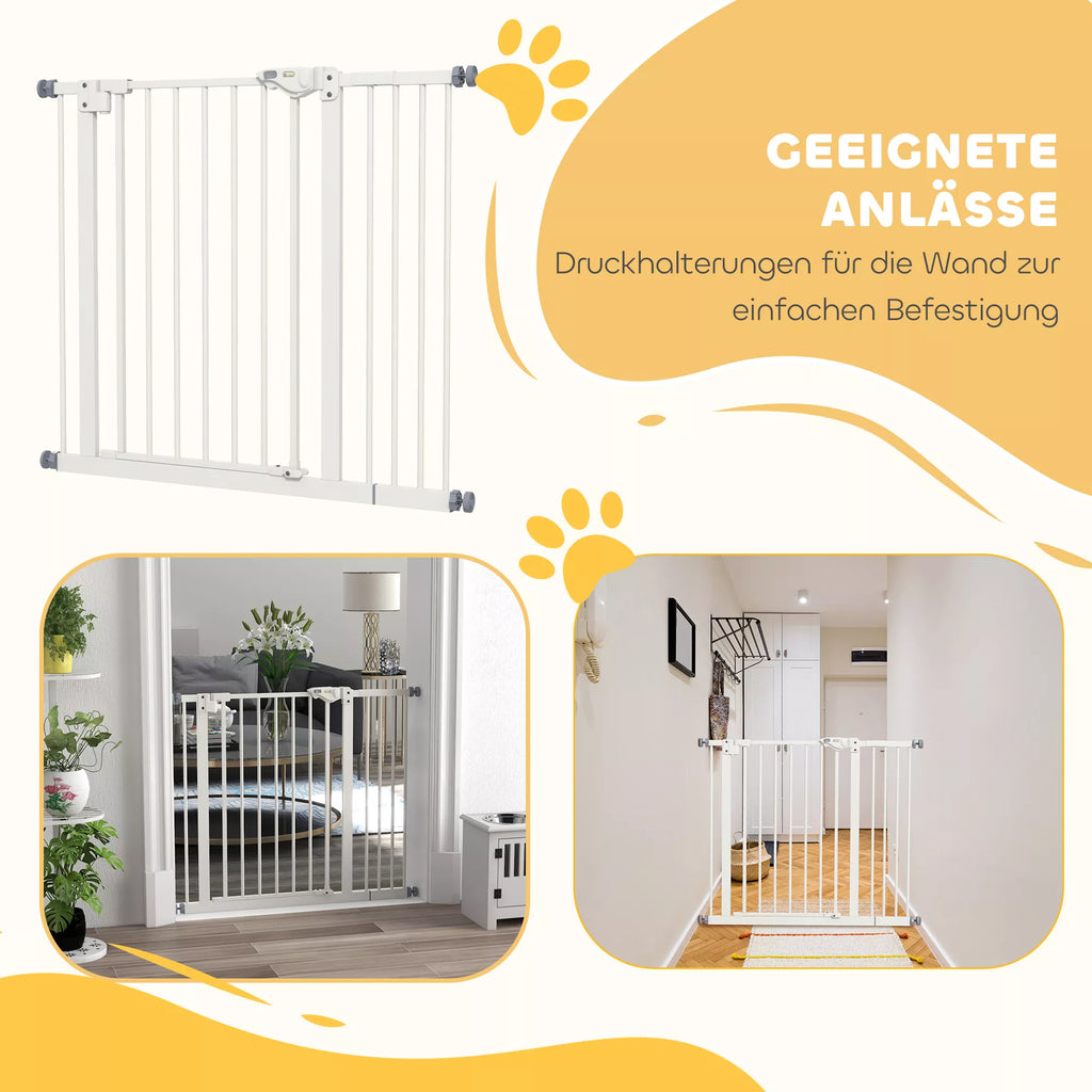 Durų apsauginės grotelės šunims, užtvaros, apsauginės grotelės naminiams gyvūnams, metalas, plastikas, 74–80/87–94 cm, baltos spalvos
