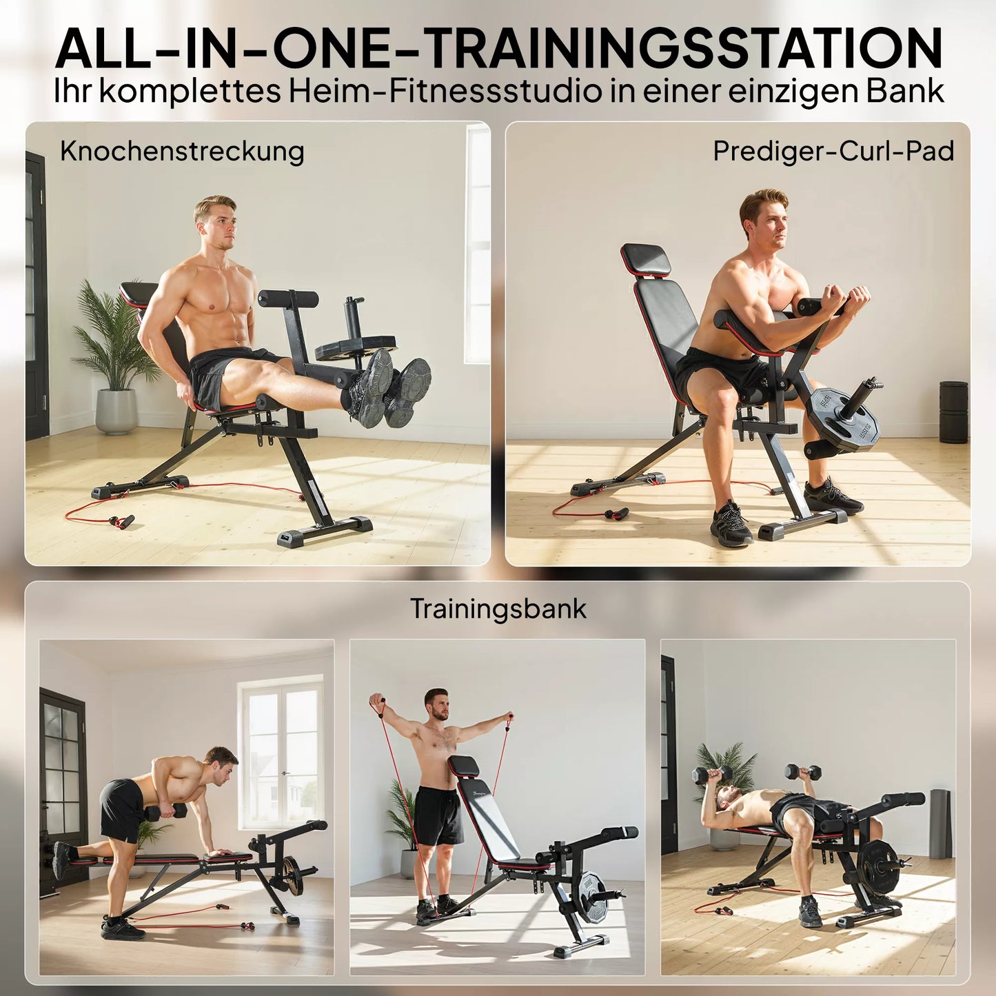 Reguliuojamas hantelų suolas iki 300 kg 3 in 1 treniruočių suolas su ratukais Kojų tiesimo įrenginys Curlpult Galvos atrama Atsparumo juostos