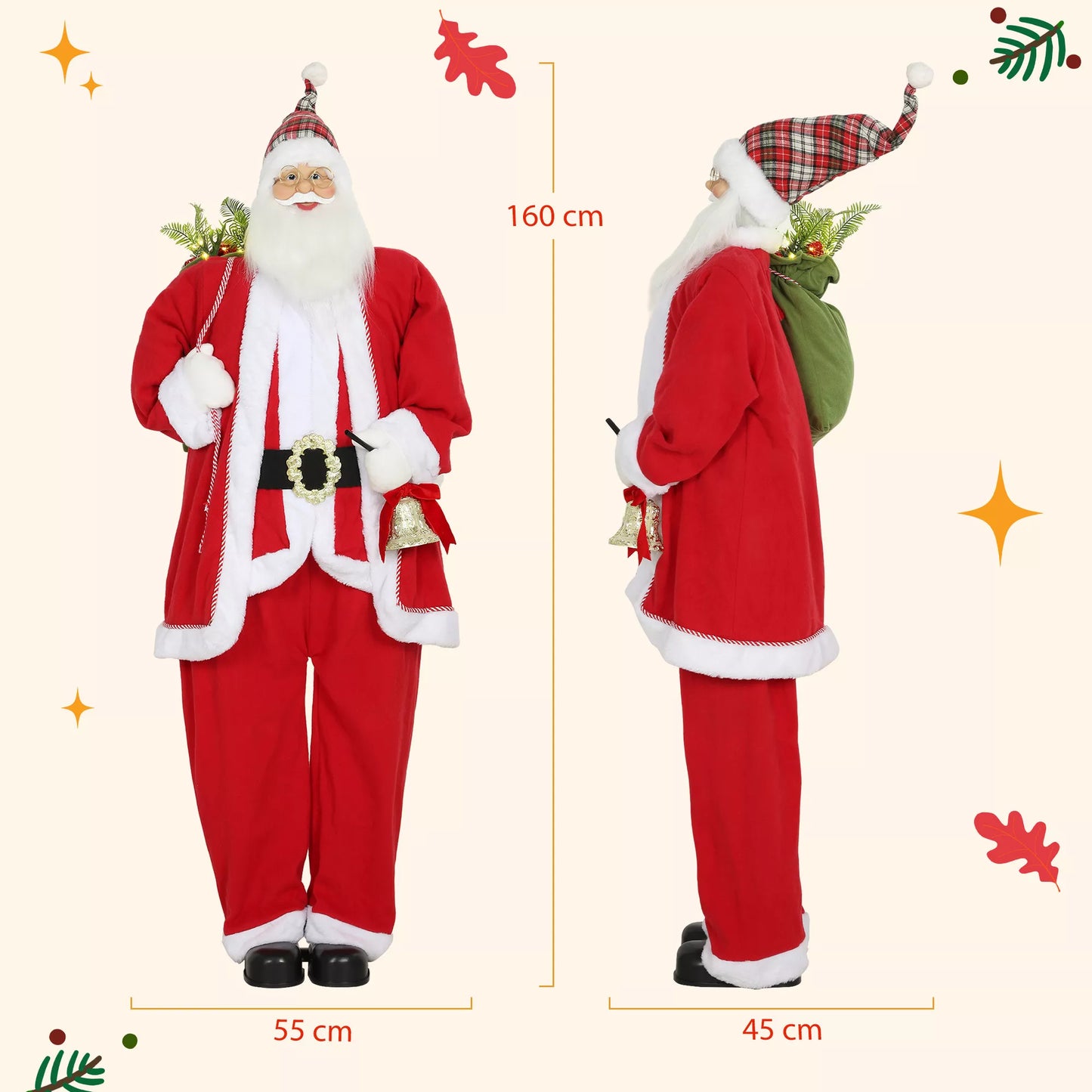 HOMCOM Stovintis Kalėdų senelis 1,6 m su dovanų ir kalėdinių varpelių garso funkcija