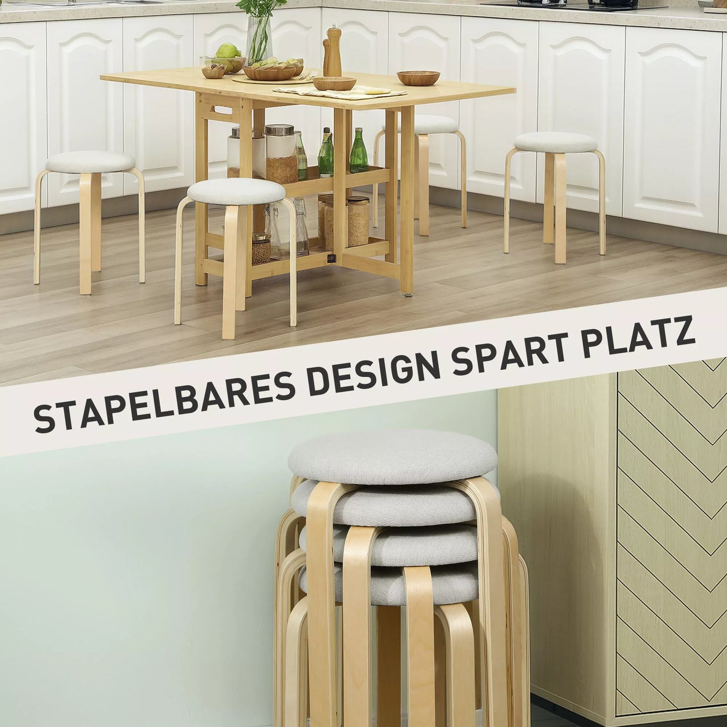 Pufų komplektas iš 4 vnt., sukraunamas, lakuotas paviršius, medinės kojelės, kreminės baltos