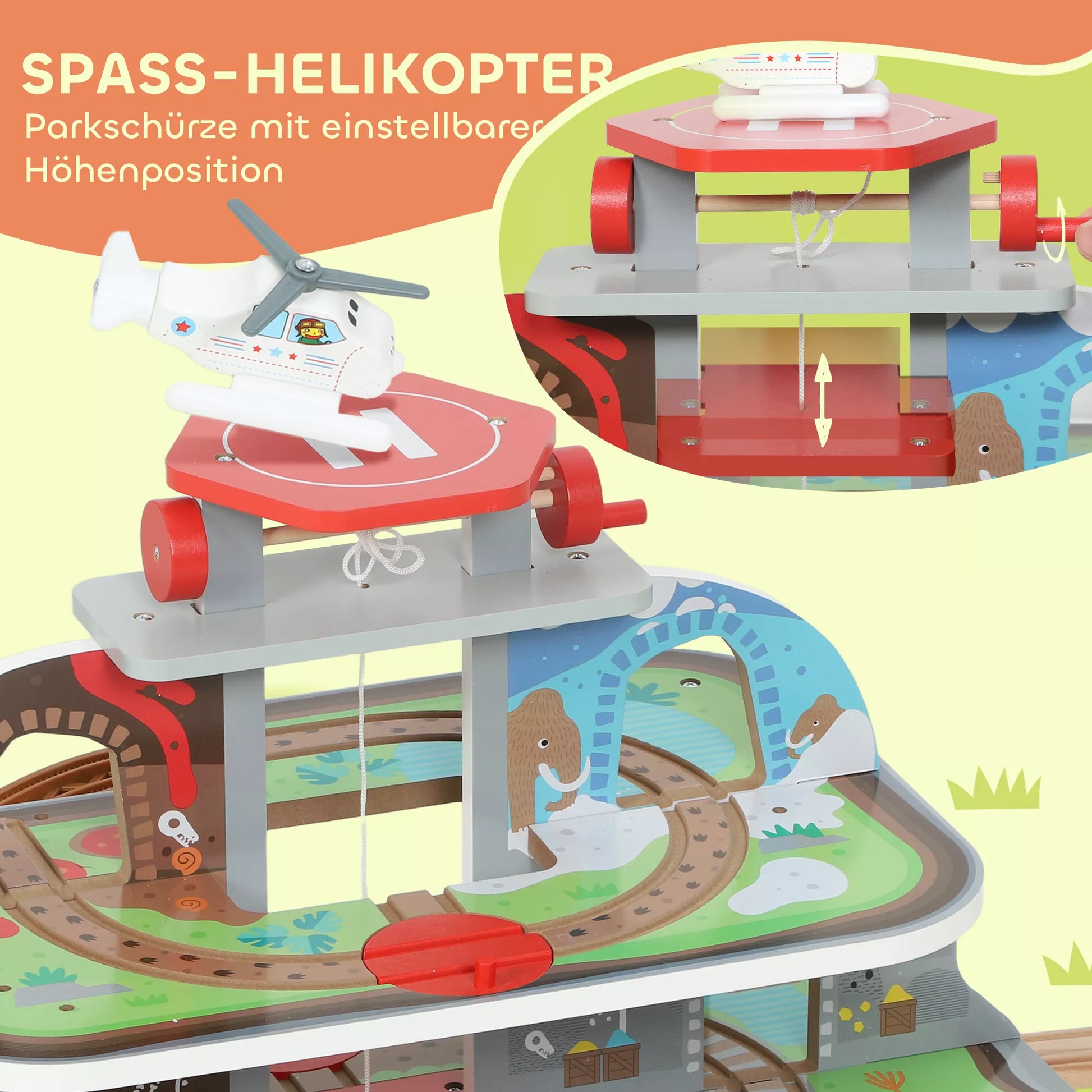 Medinis geležinkelio komplektas, 79 dalys, 4 lygiai, keltuvas, kranas, išplečiamas, spalvingas