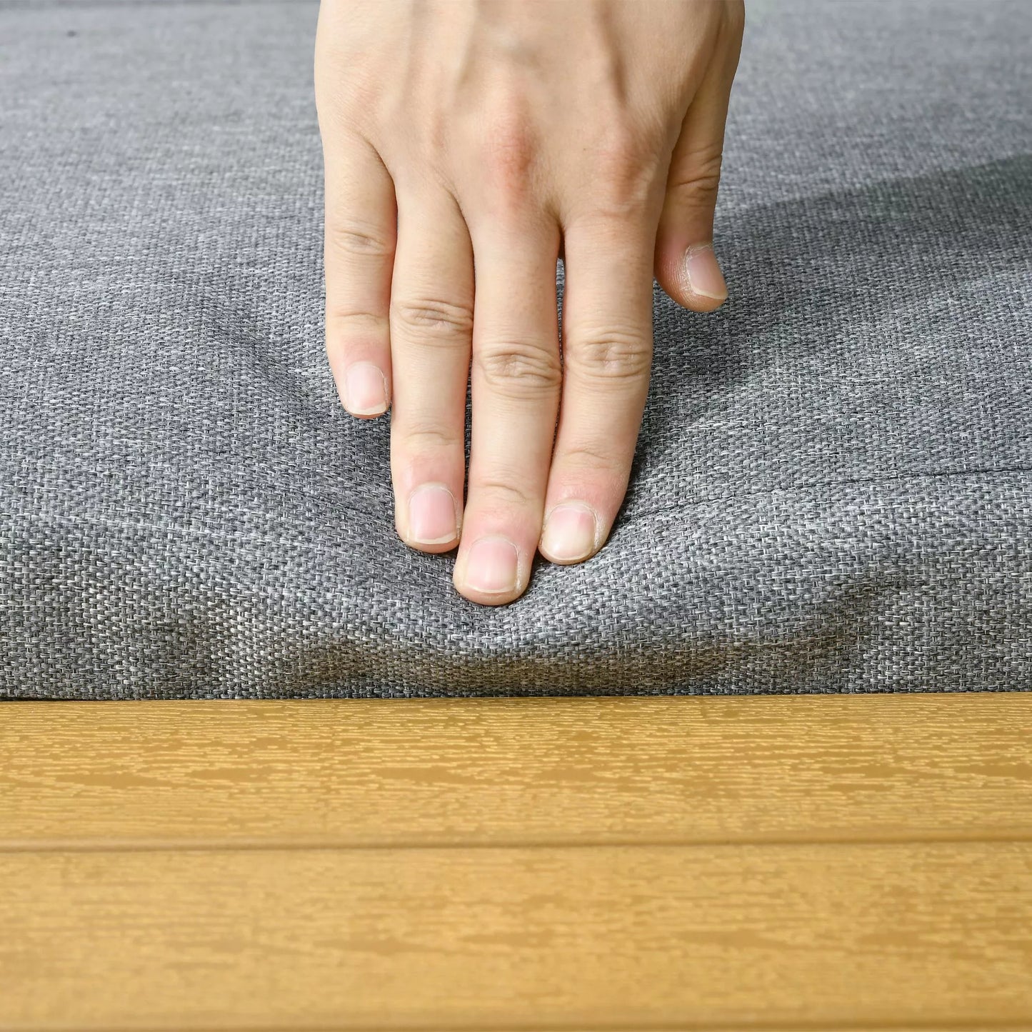 Lauko baldų komplektas 3 asmenims, balkono baldai su sėdimųjų pagalvėlėmis, aliuminio rėmas, medžio išvaizda, tamsiai pilka+natūrali