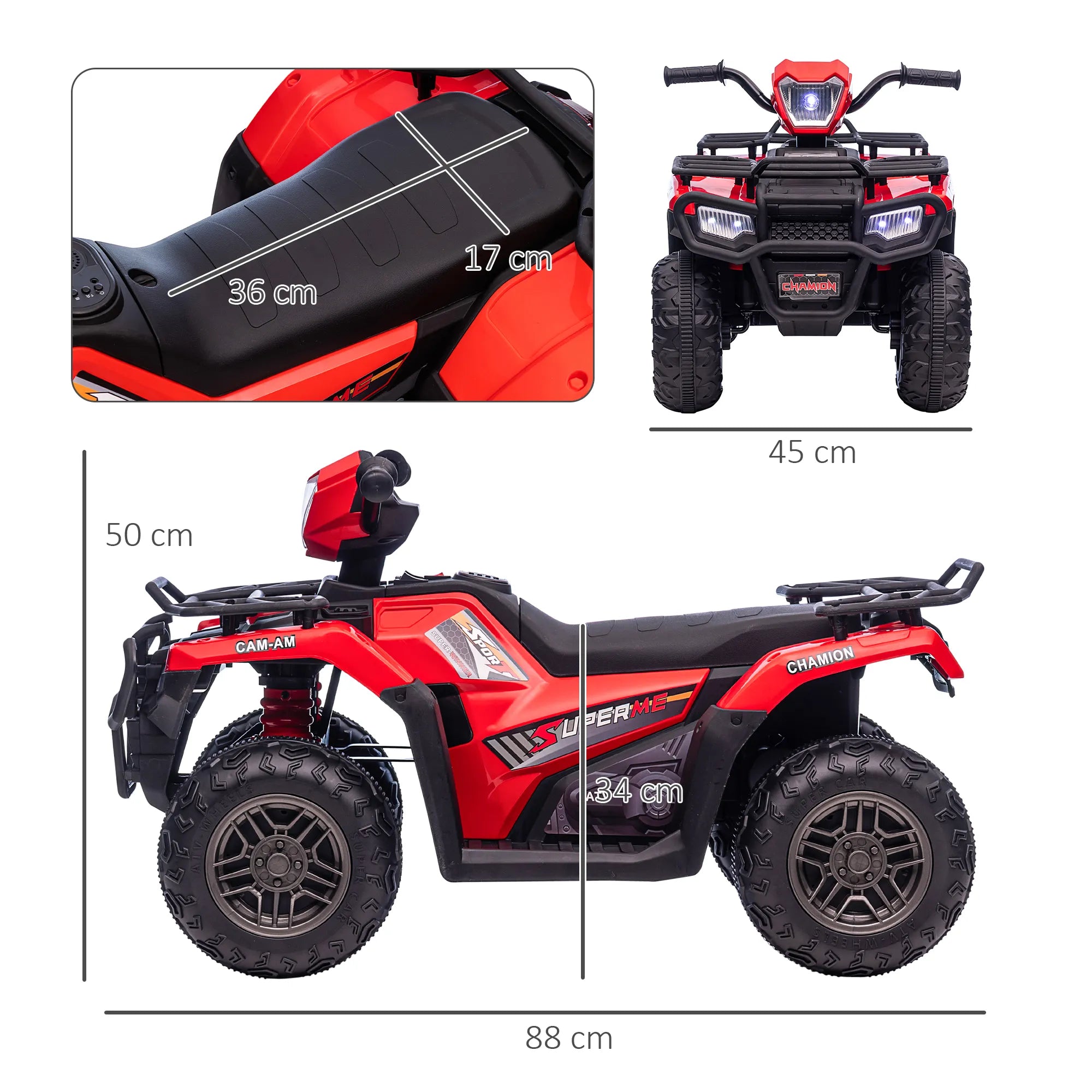 Elektrinis keturratis vaikams, maks. 4 km/val., nuo 3 metų, LED priekiniai žibintai, muzikos jungtis, juoda+raudona 88 x 45 x 50 cm