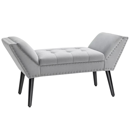 Minkštas suoliukas, fortepijono suoliukas su aksomo išvaizda, lovos suoliukas miegamajam, svetainei, koridoriui, Gumuotas medis, Šviesiai pilka 114 x 46 x 56 cm