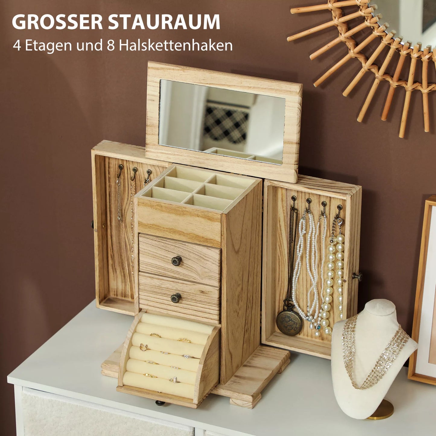 Juvelyrinė dėžutė, papuošalų skrynelė, 4 lygių išdėstymas, integruotas veidrodis, mediena, ruda