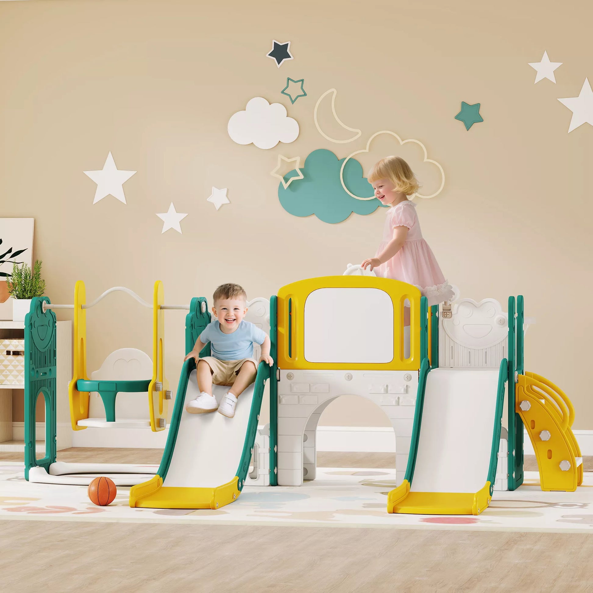 9-in-1 čiuožyklų ir sūpynių rinkinys mažiems vaikams, su krepšinio lanku, teleskopu, piešimo lenta, varlės dizainu, geltonos ir žalios spalvos