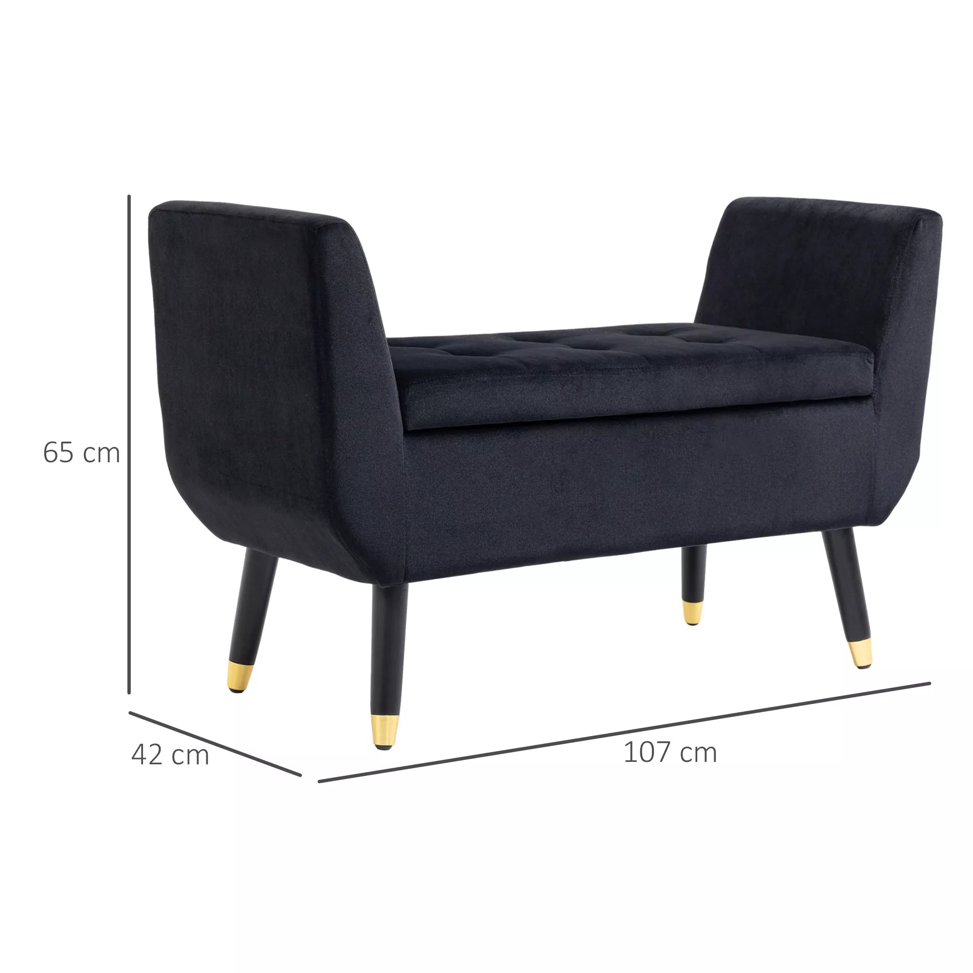 Suoliukas su daiktadėže ir porankiais, paminkštintas, 107 cm, juodas
