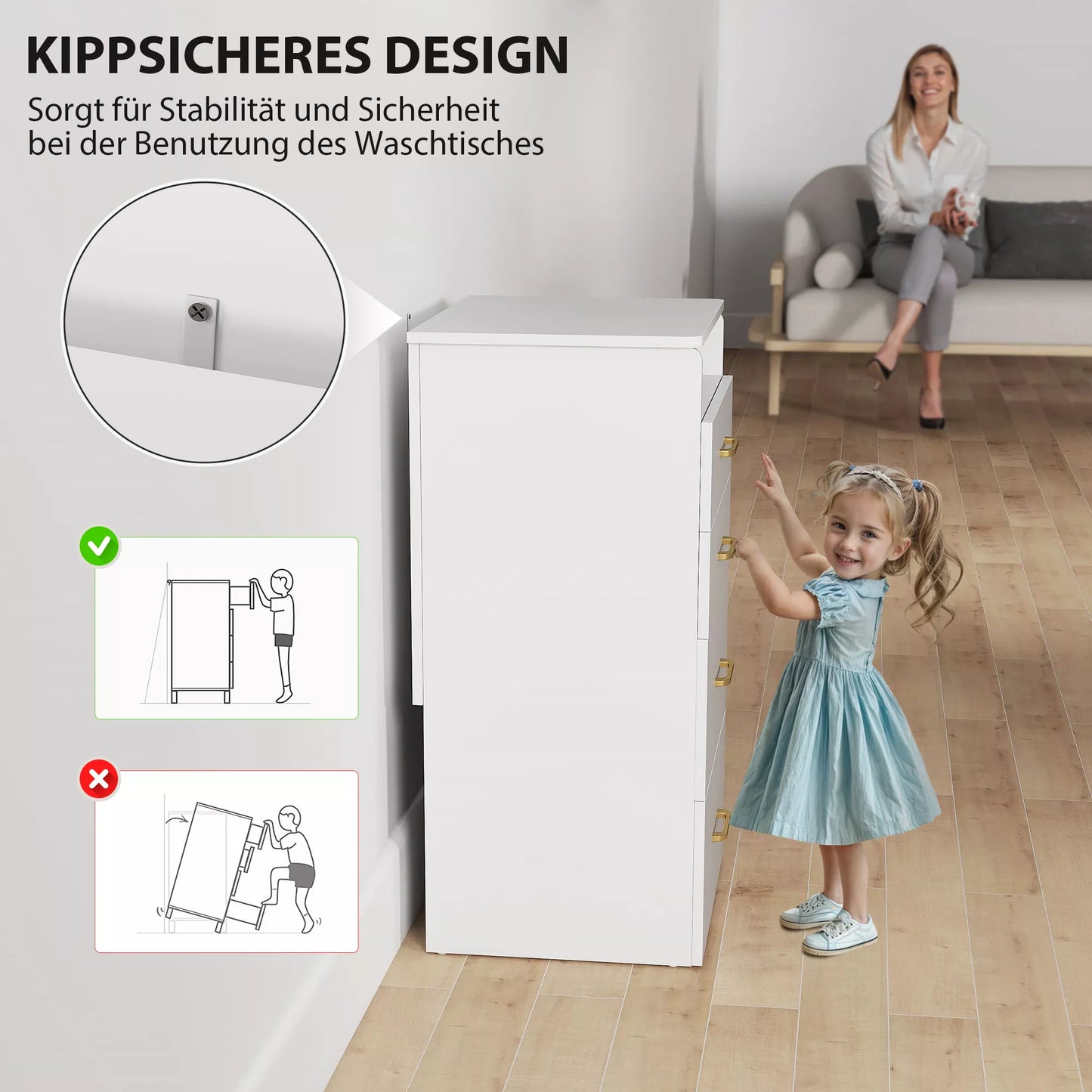 3-in-1 tualetinis staliukas su veidrodžiu, naktinis staliukas, ratukinis taburetė, stalčiai, baltas