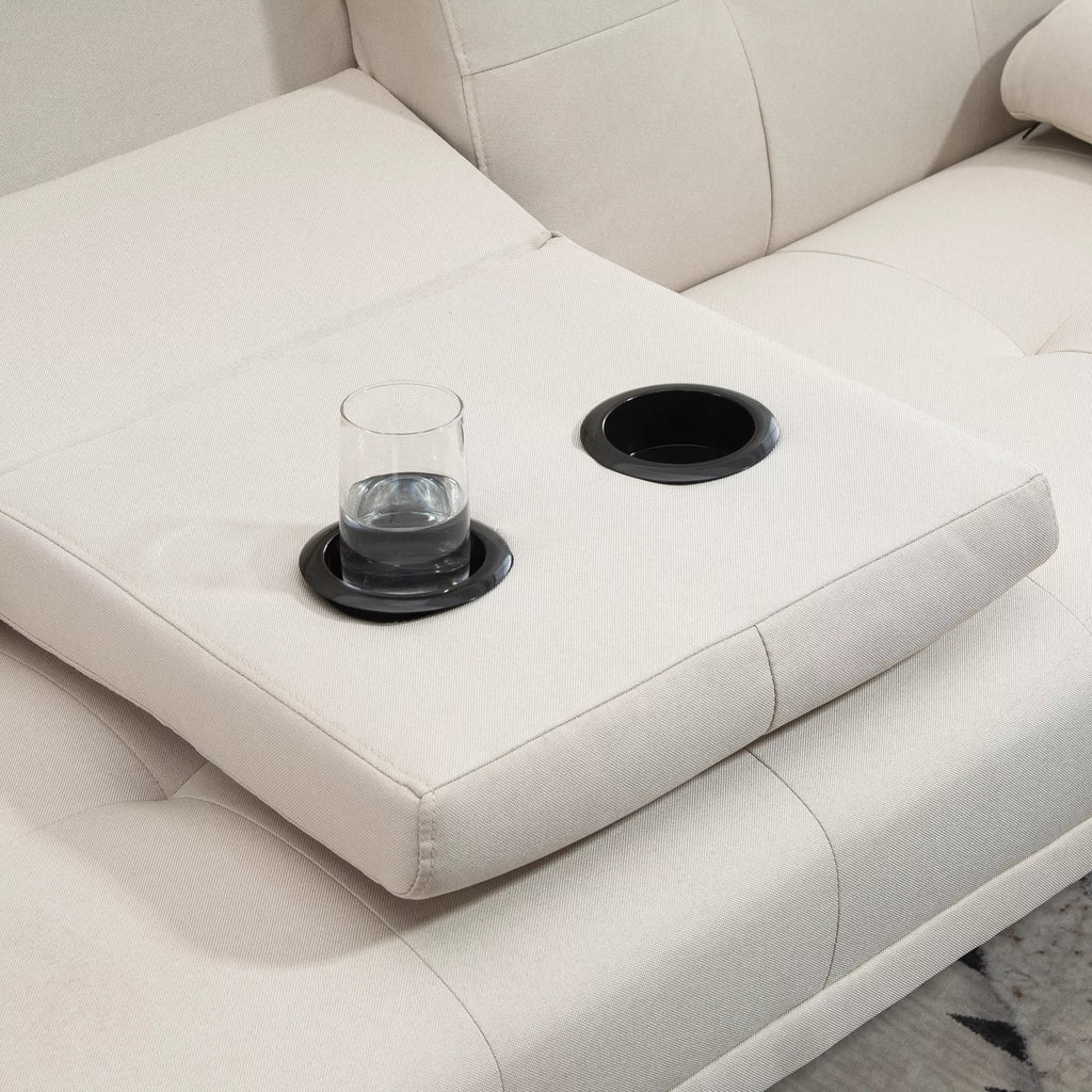 3-vietė miegamoji sofa, reguliuojamas atlošas su atlenkiamu staliuku, dvi porankės, lino imitacija, smėlio spalvos, 181 x 77 x 78 cm