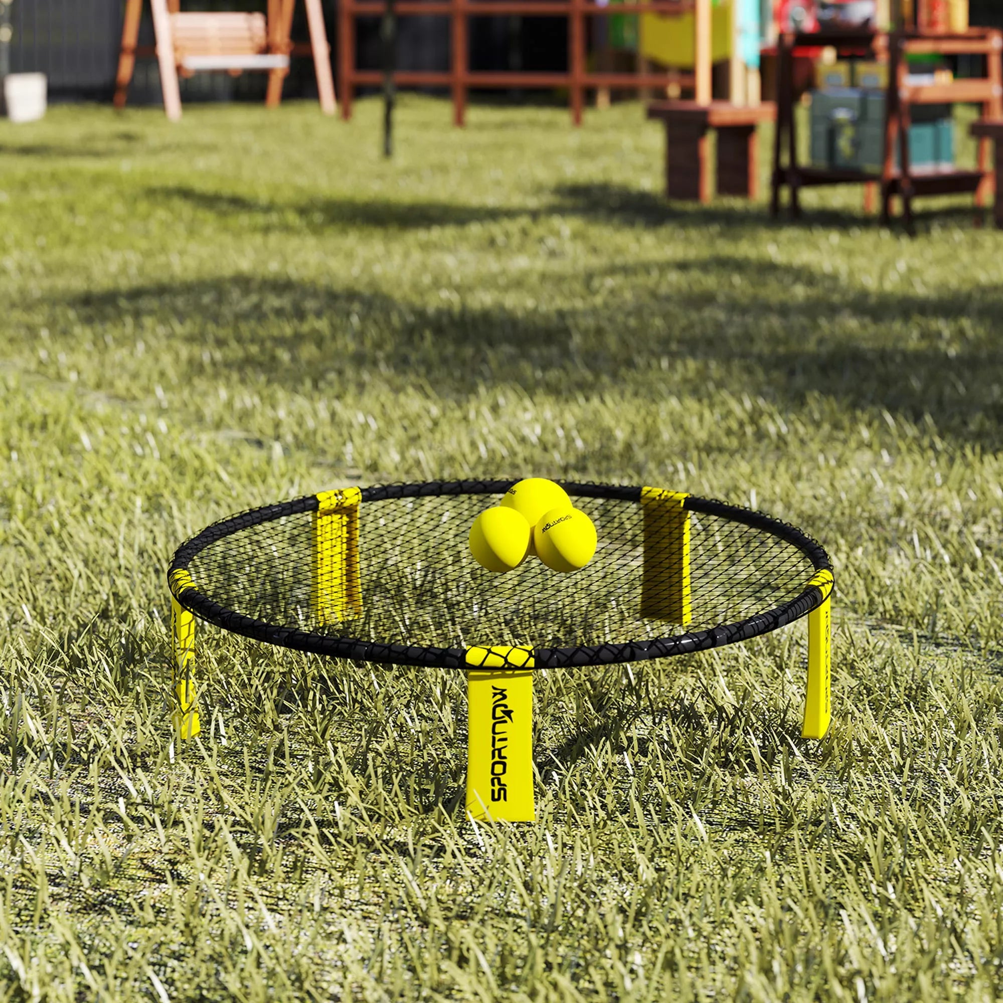 Roundnet komplektas su tinklu ir 3 kamuoliais, 92 cm, geltonas