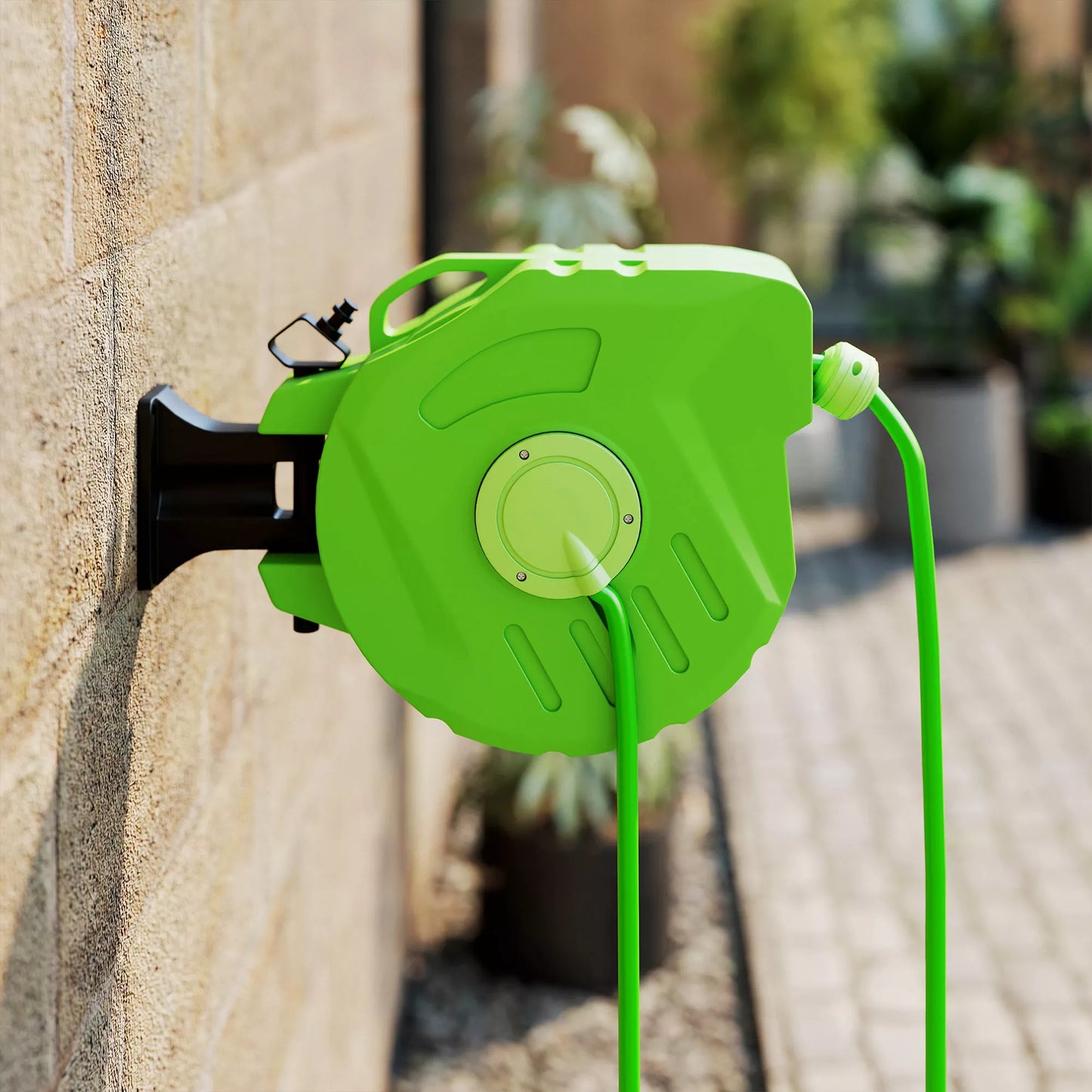 Automatinis žarnos ritės atsuktuvas 15+1,5m, pasukamas, skirtas suspaustam orui ir sodui, 180° pasukama žarnos ritė, žalios spalvos suspausto oro žarna