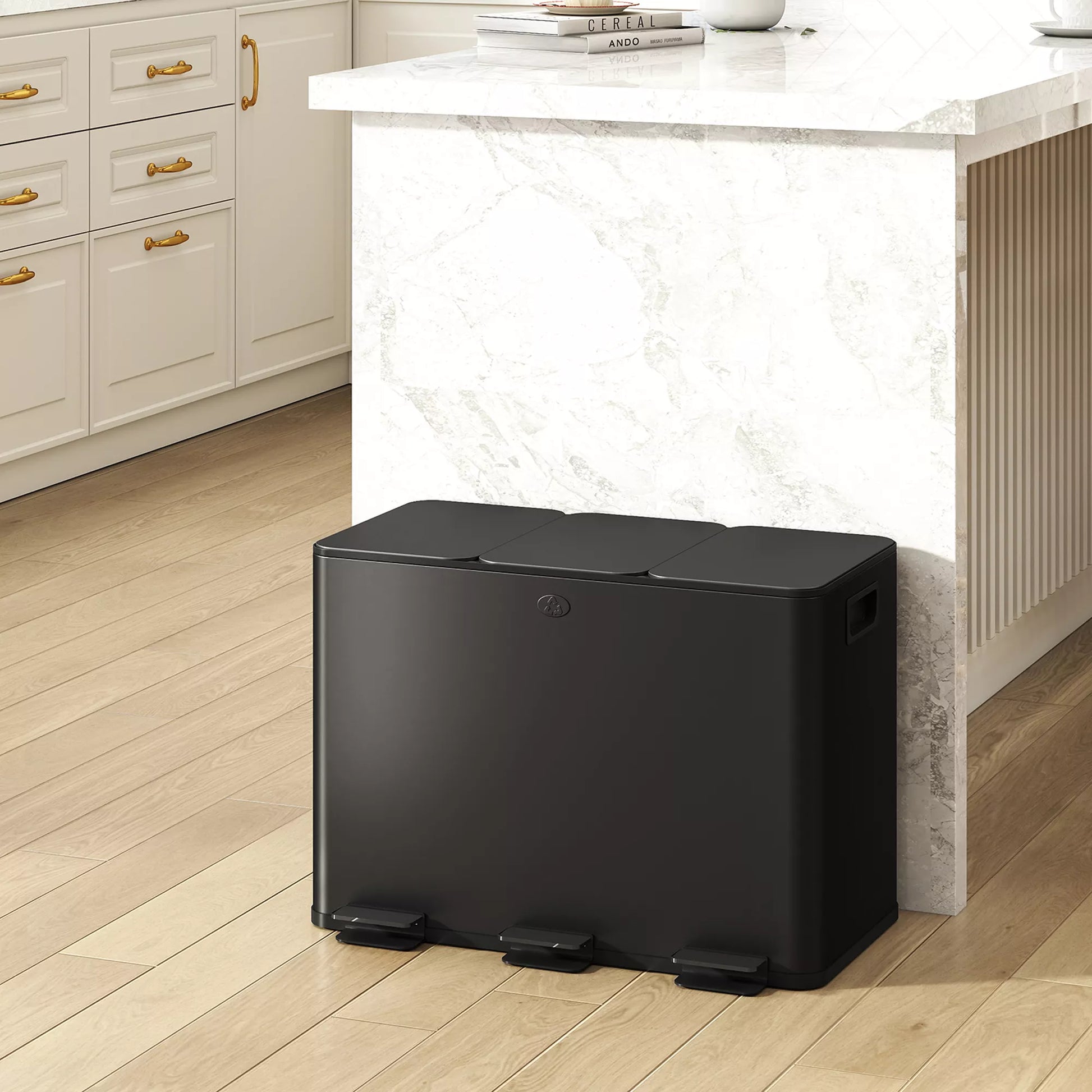 Šiukšliadėžė su 3 x 20 l skyreliais, dezodoranto dangčiu, apsaugota nuo pirštų atspaudų, minkštu uždarymu, išimama, juoda