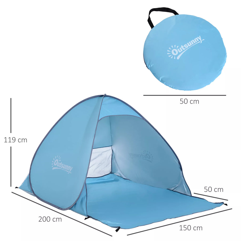 Schema su palapinės matmenimis: 200 × 150 cm, aukštis 119 cm, sulankstyta 50 cm