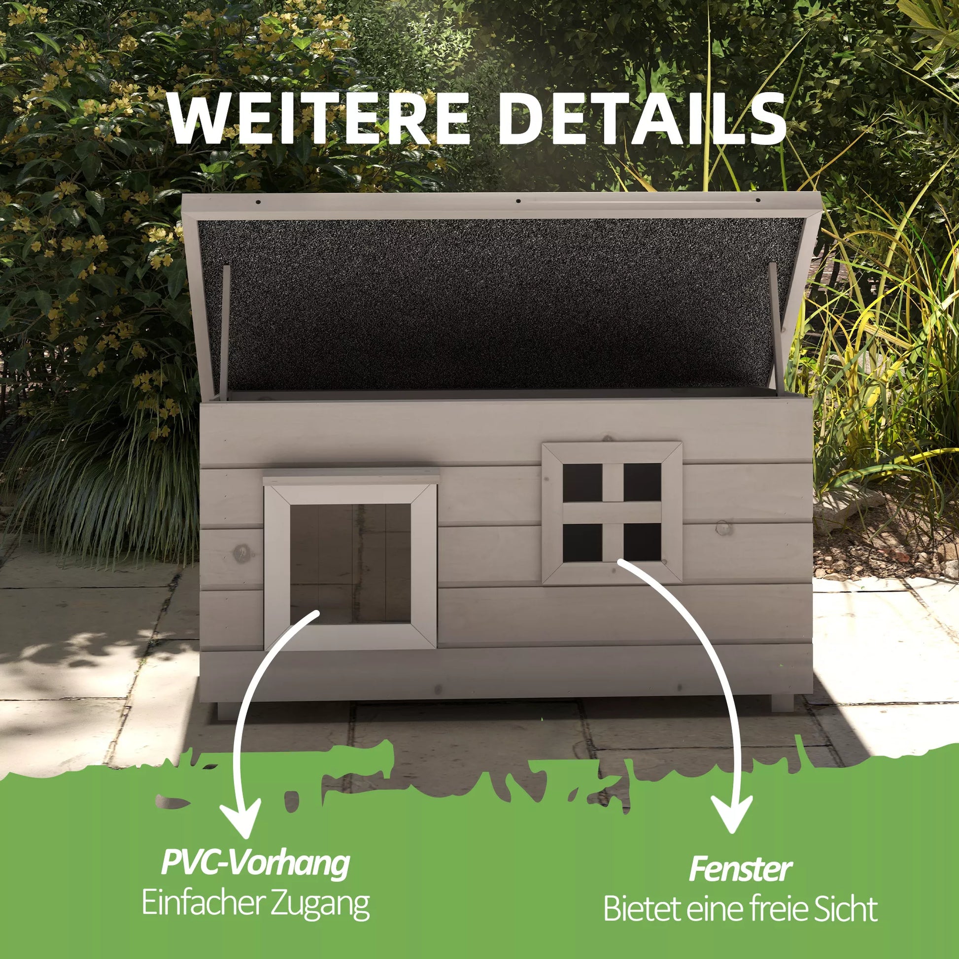 Medinis kačių namelis, atsparus vandeniui, su asbestiniu stogu, atverčiamu dangčiu, langu, atsparus žiemai, apsauginis namelis, kačių urvas, lauko kačių dėžė sodui, balkonui, laukui, 87 x 52 x 44 cm, pilkos spalvos