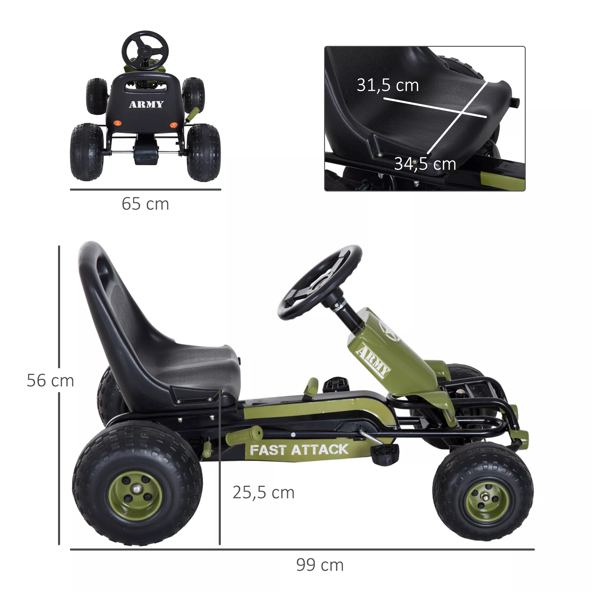 Go-kart matmenų schema: 99 cm ilgis, 65 cm plotis, 56 cm aukštis