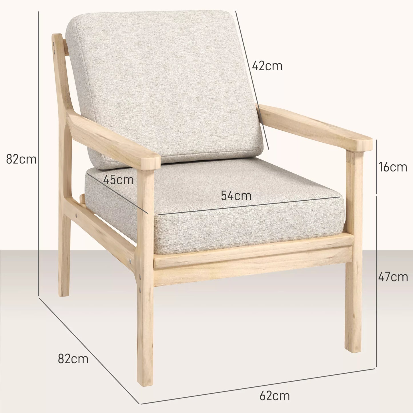 Minkštas krėslas su porankiais, tvirtu mediniu rėmu ir nuimamomis pagalvėlėmis, skirtas svetainei, miegamajam, smėlio spalvos