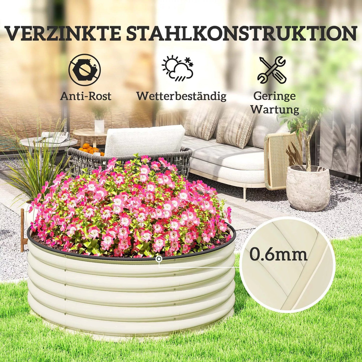 Paaukštinta lysvė, cinkuotas sodinimo vazonas su apsauginiu kraštu, sodinimo dėžė atviru dugnu, 120 x 120 x 43 cm, kremas