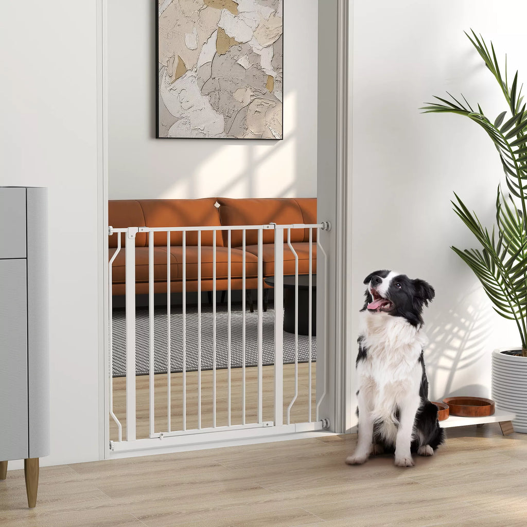 Šunų apsauginė grotelė, užtvaros grotelė, dviejų krypčių atidarymas, sieninis laikiklis su spaustukais, reguliuojamas nuo 75 cm iki 95 cm, balta spalva
