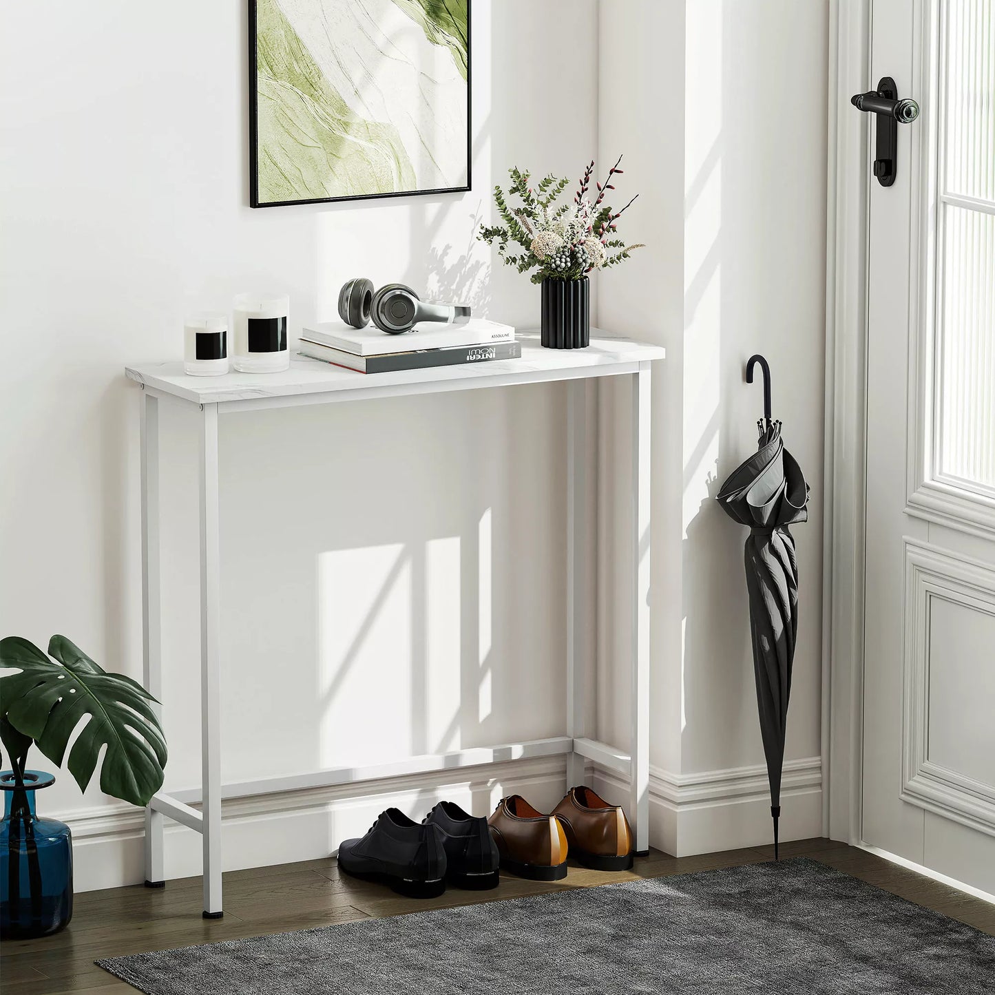 Konsolinis staliukas prieškambariui su reguliuojamais padukais, apsauga nuo apvirtimo, 75 x 24 x 76 cm, mažam kambariui, baltas
