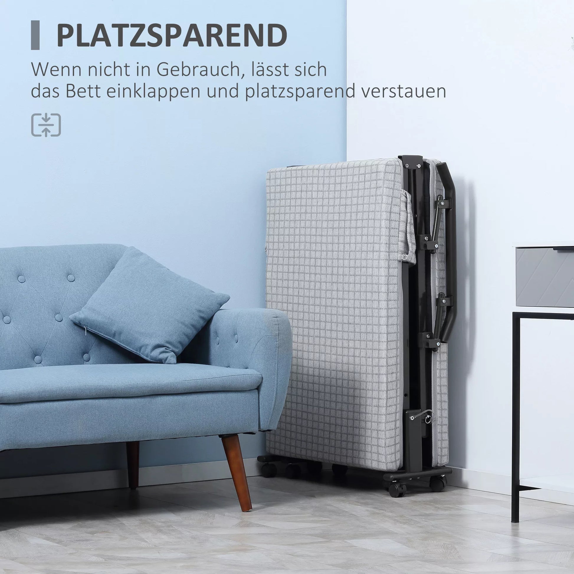 Sulankstoma lova, svečių lova, atlenkiamas atlošas, porankiai, 8 ratukai, plieninis rėmas, šviesiai pilka + juoda, 190 x 76 x 33 cm