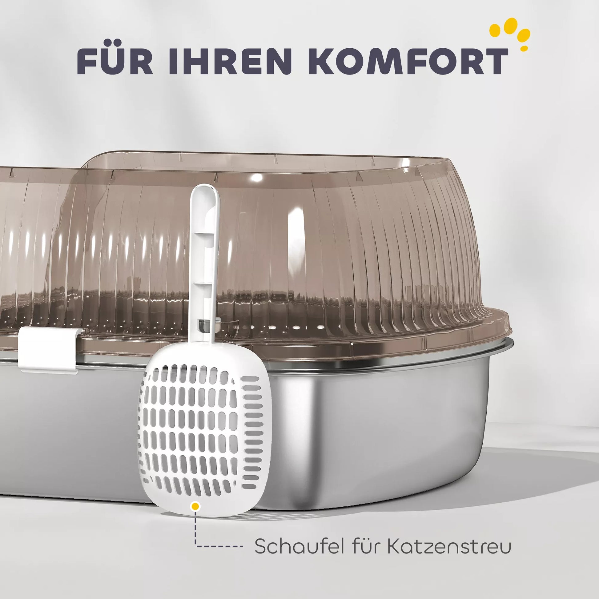 Katės tualetas iš nerūdijančio plieno, katės tualetas su aukštu kraštu, vonia, su kastuvu, skirtas didelėms katėms, 53x42x27 cm, anglies pilkos spalvos