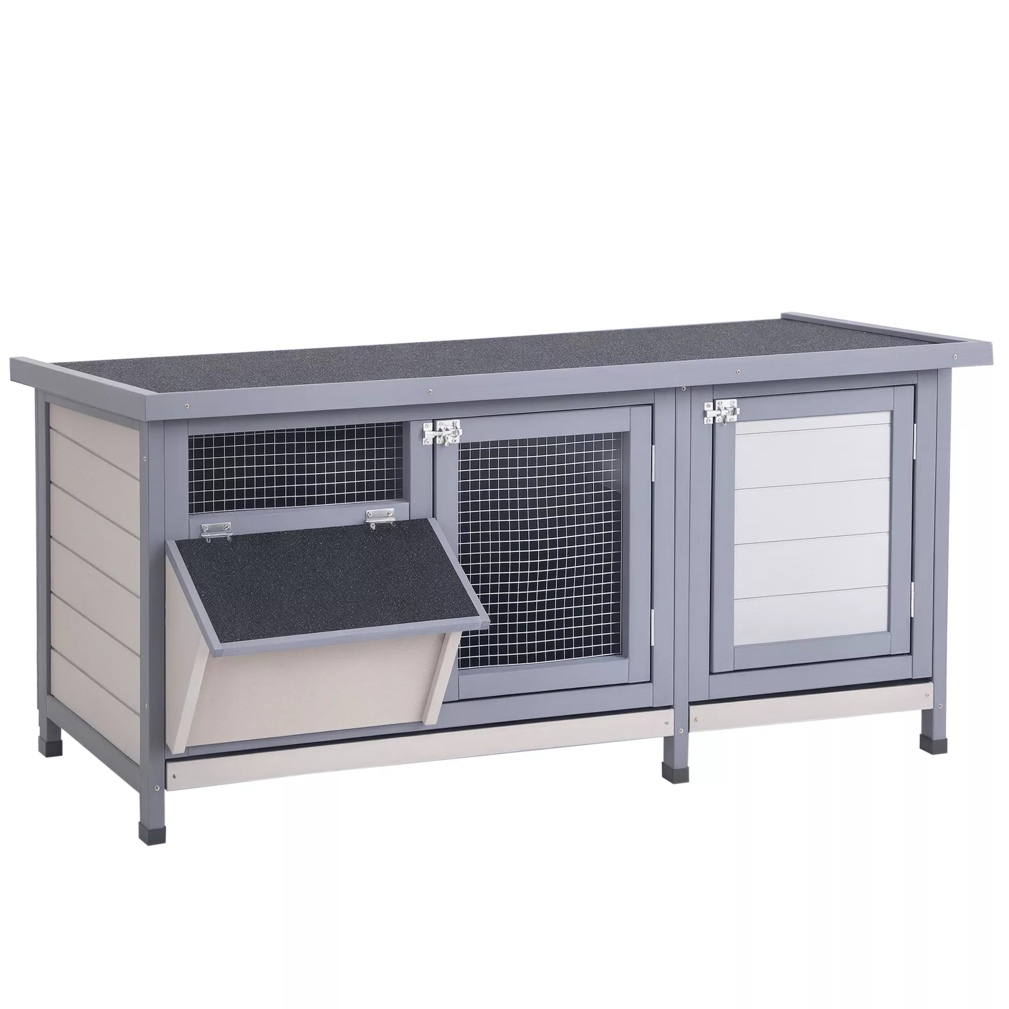 Truputis žiemos atsparus medinis triušių narvas 112x50x54 cm Triušių narvas su bituminiu stogu, 2 durimis, metaliniu tinkleliu, triušių narvas triušiams, jūrų kiaulytėms Lauko Pilka+Juoda