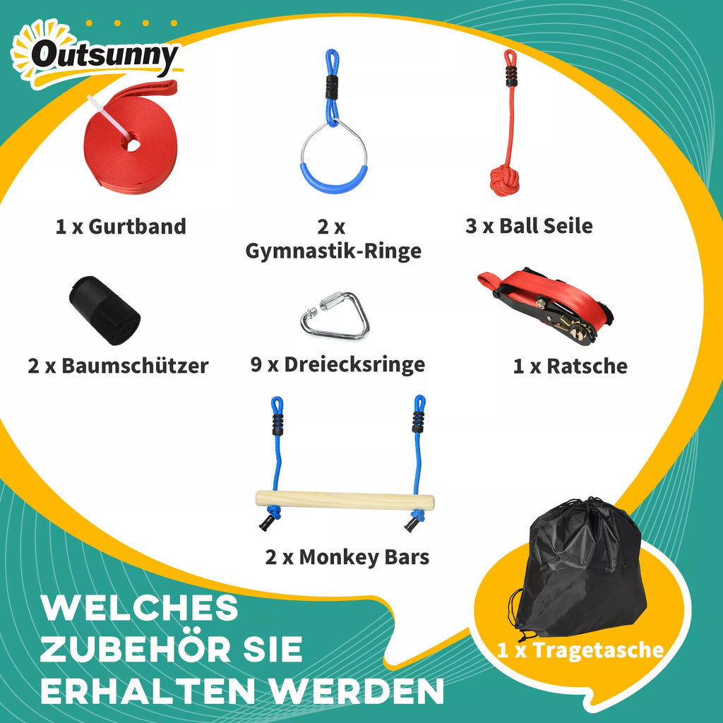 Ninja laipiojimo rinkinys, Slackline, 30 dalių, 10 m virvė, vaikams nuo 3-6 metų