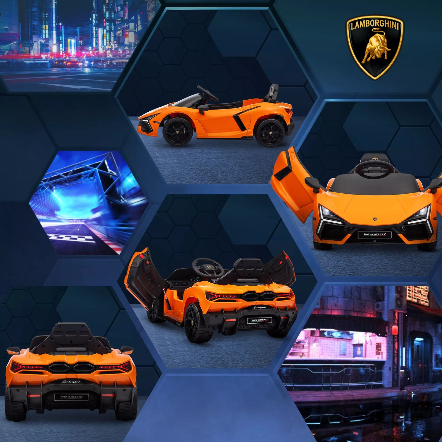 Oranžinis elektrinis automobilis vaikams nuo 3-5 metų, švelnus variklis, valdomas nuotoliniu būdu, su garso signalu, plastikas ir metalas.