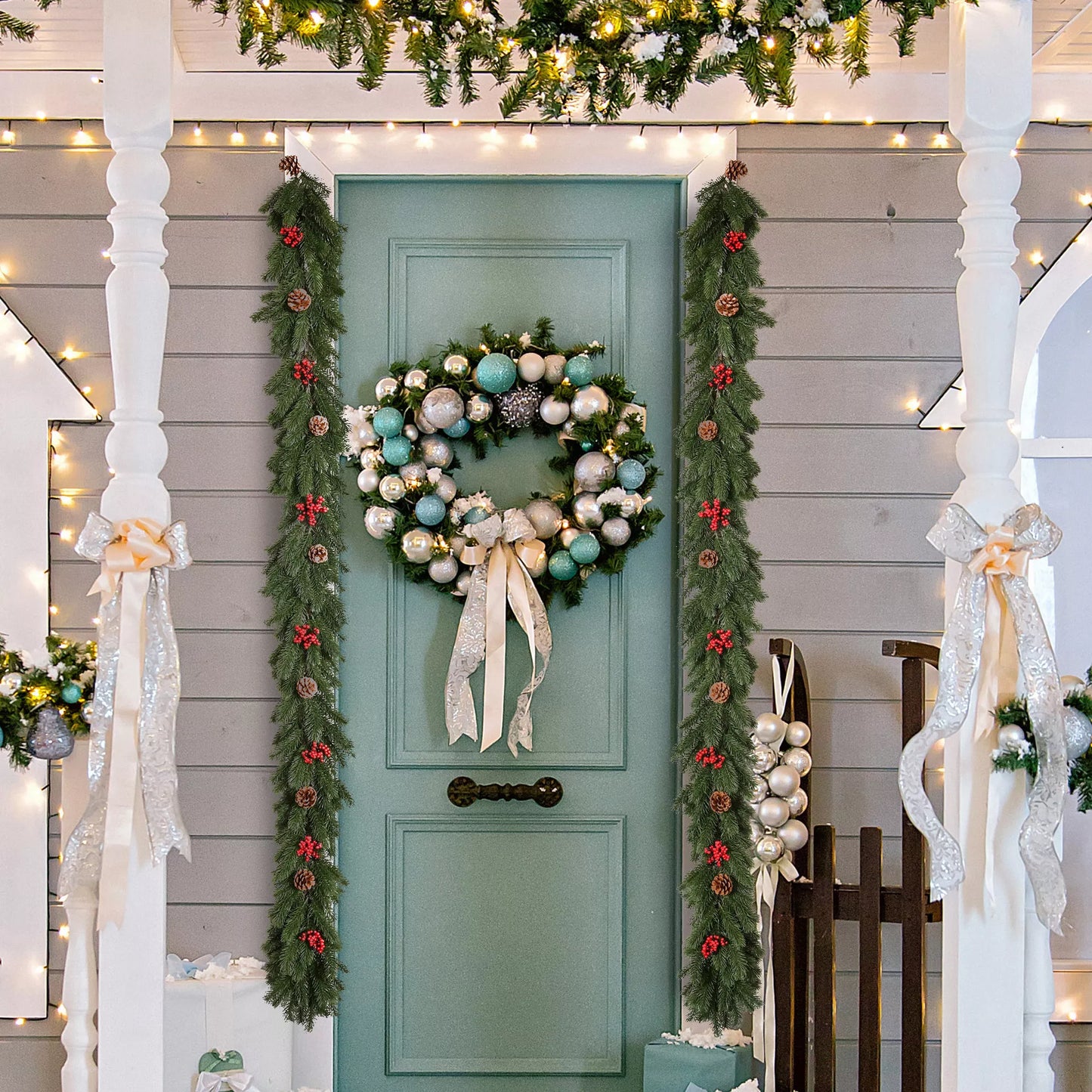 Kalėdinė girlianda 1,9 m, dirbtinė eglės girlianda su kankorėžiais ir uogomis, Kalėdinė puošmena vidui ir laukui, žalia