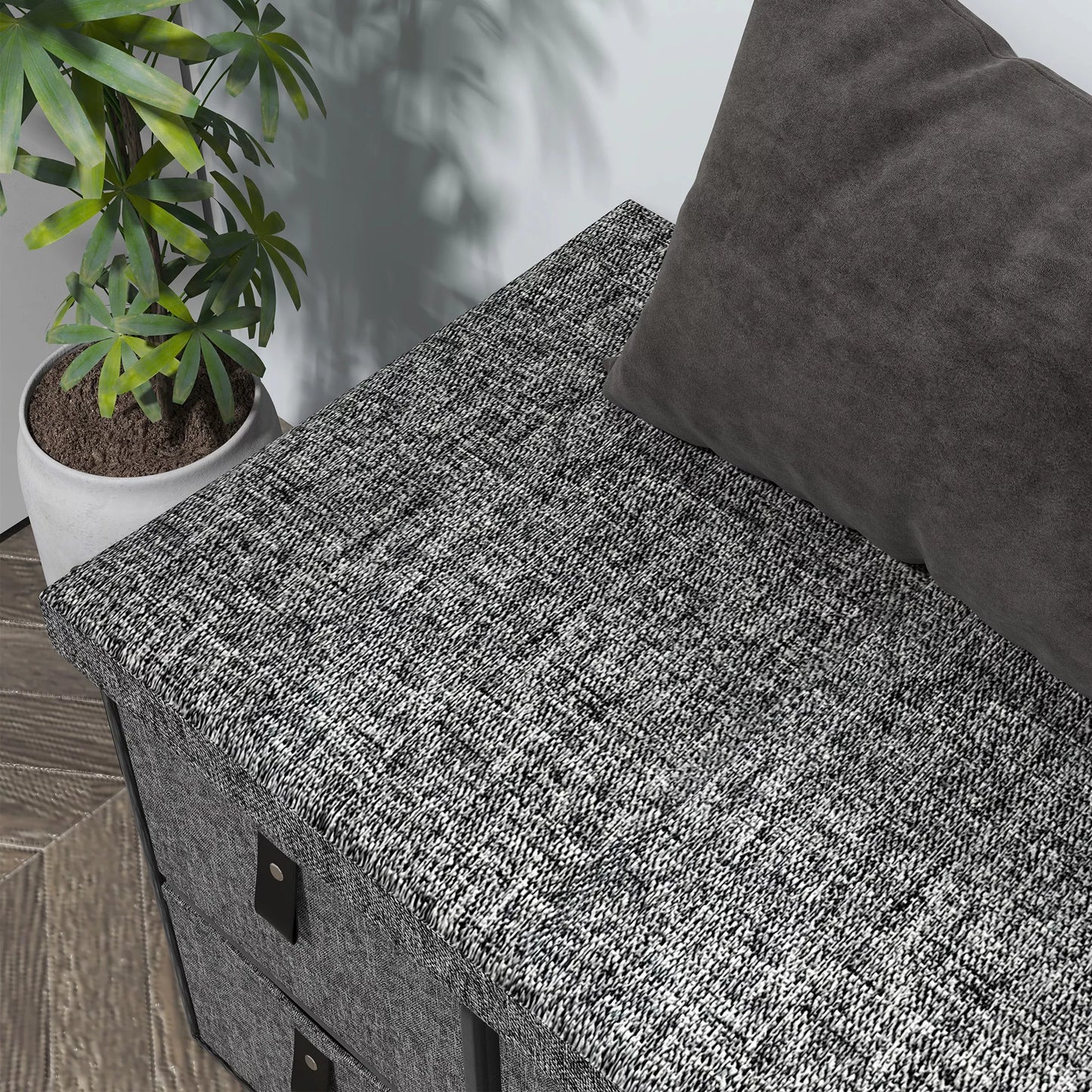 Paminkštinta batų suoliukų spintelė, 6 skyriai avalynei, MDF rėmas, lininės išvaizdos, pilka