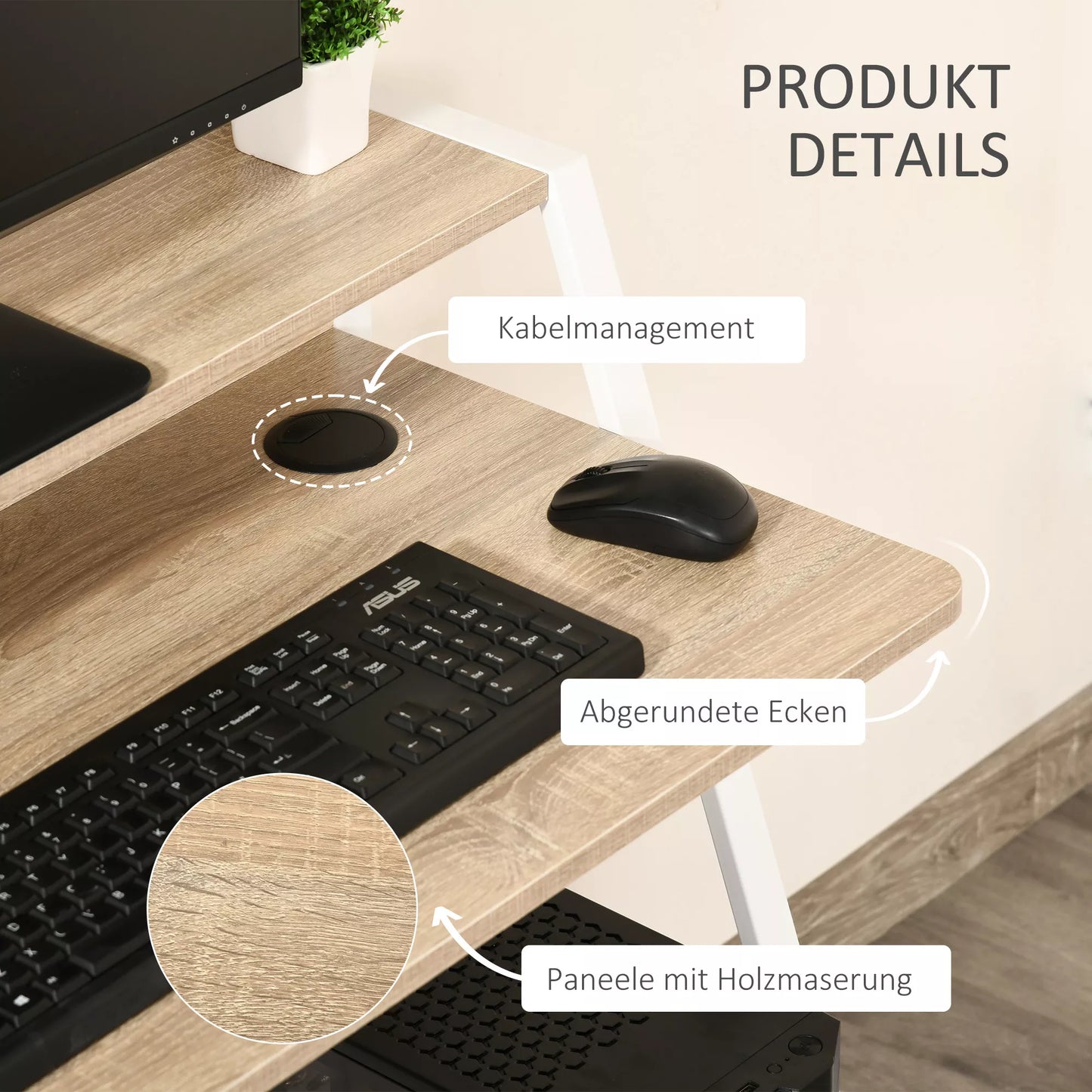 Rašomasis stalas, kompiuterio stalas su lentyna ir kabelių valdymo sistema, modernus stalas su metaliniu rėmu darbo kambariui, miegamajam, namų biurui, 84 x 45 x 85 cm, Balta+Ąžuolas