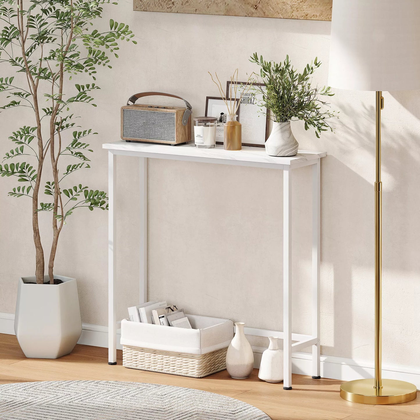 Konsolinis staliukas prieškambariui su reguliuojamais padukais, apsauga nuo apvirtimo, 75 x 24 x 76 cm, mažam kambariui, baltas