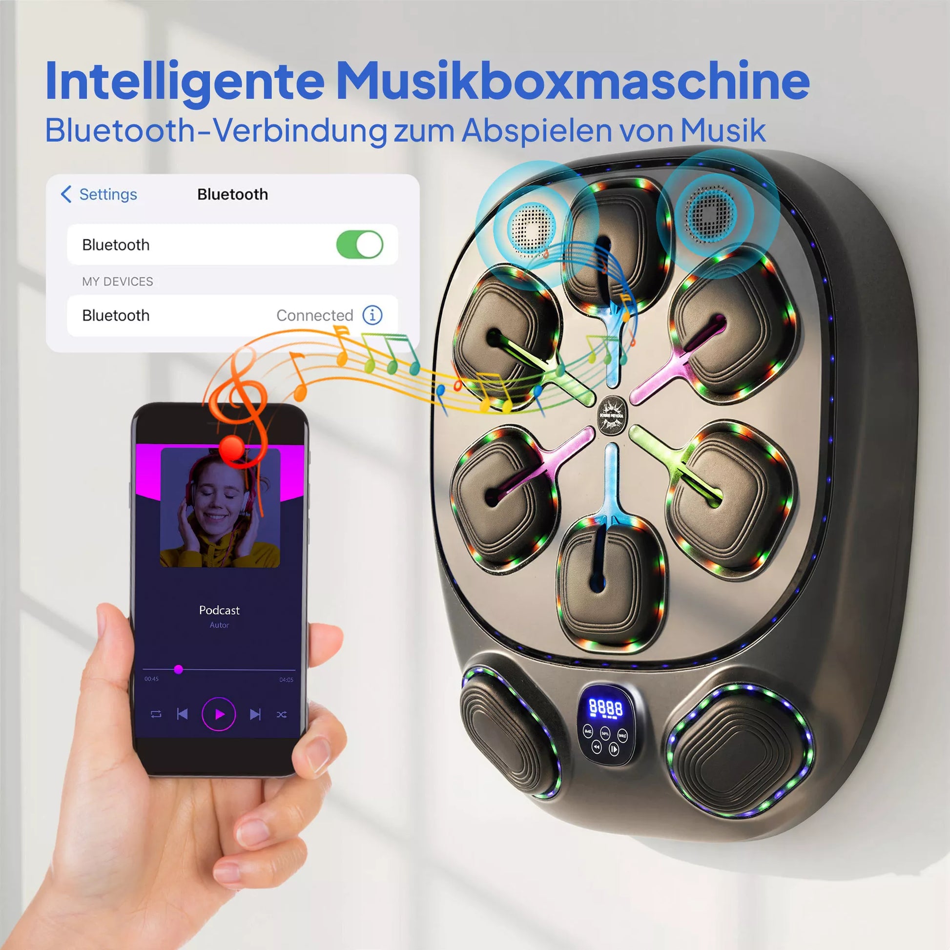 Music Boxing Machine, elektroninė LED bokso mašina su dvigubomis smūgių zonomis, „Bluetooth“ pirštinėmis ir 9 greičiais