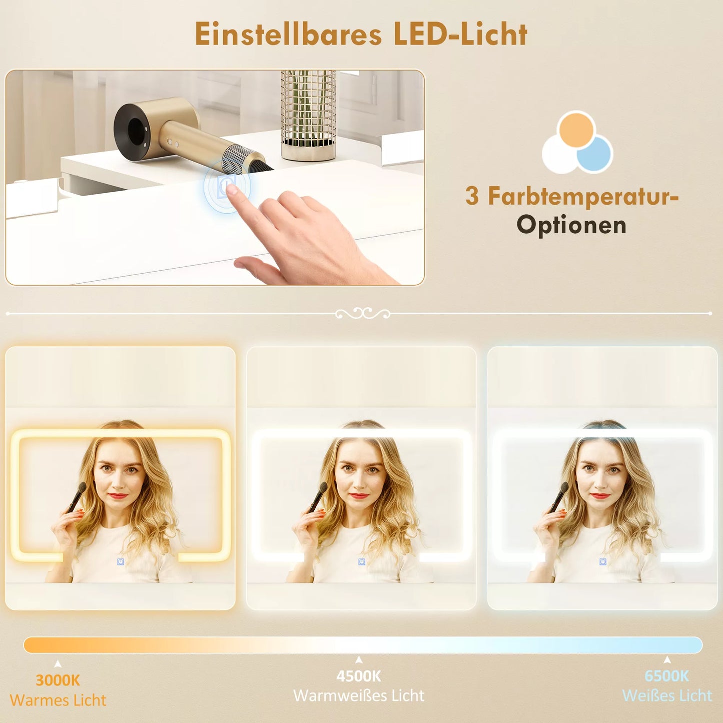 Balto spalvos makiažo staliukas su reguliuojamu LED veidrodžiu, elektros lizdais, 6 stalčiais ir 2 atviromis lentynomis.